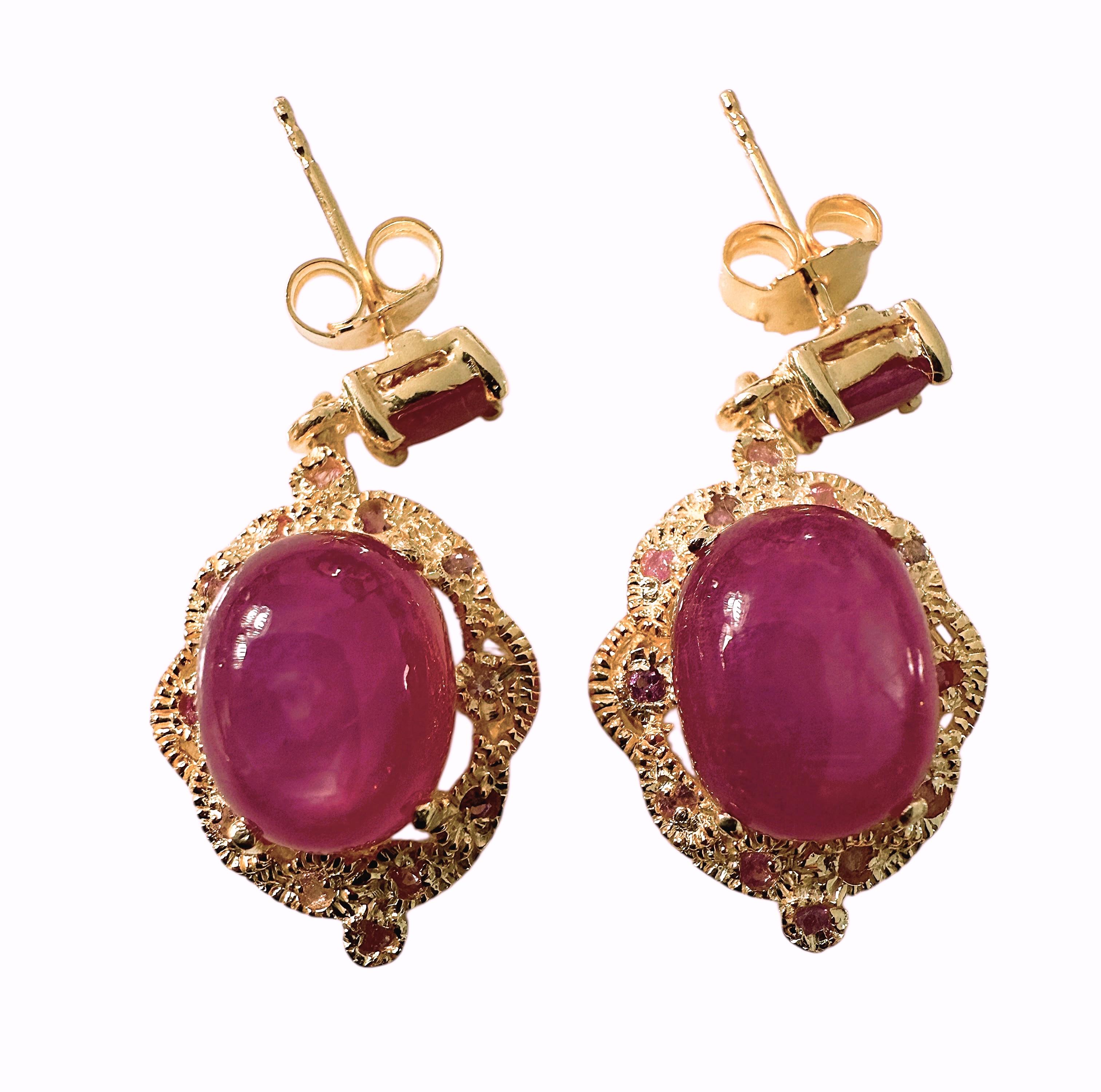 New 5.78 Carat Red Ruby Cabochon & Oval Cut Ruby 14k Gold PL Sterling Ruby Earrings Excellent état - En vente à Eagan, MN