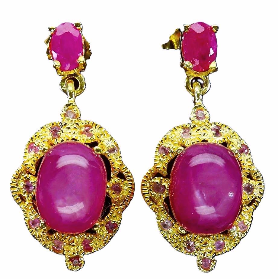 New 5.78 Carat Red Ruby Cabochon & Oval Cut Ruby 14k Gold PL Sterling Ruby Earrings Pour femmes en vente