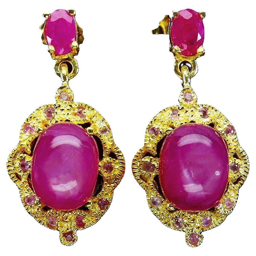 New 5.78 Carat Red Ruby Cabochon 
Oval Cut Ruby 14k Y Gold PL Sterling Earrings in vendita
