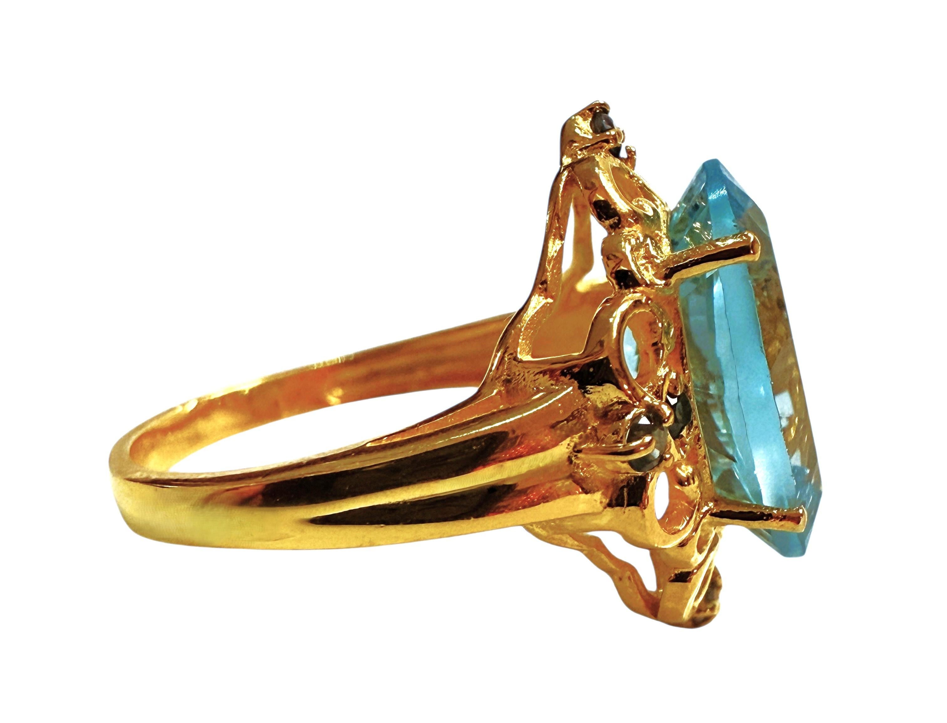 Nuevo Anillo de oro PL de 5,81 quilates de topacio azul cóncavo y topacio con talla de diamante Art Decó en venta