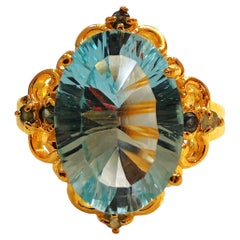 New 5.81 Carat Concave Blue Topaz & Diamond Cut Topaz Y Gold PL Sterling Ring