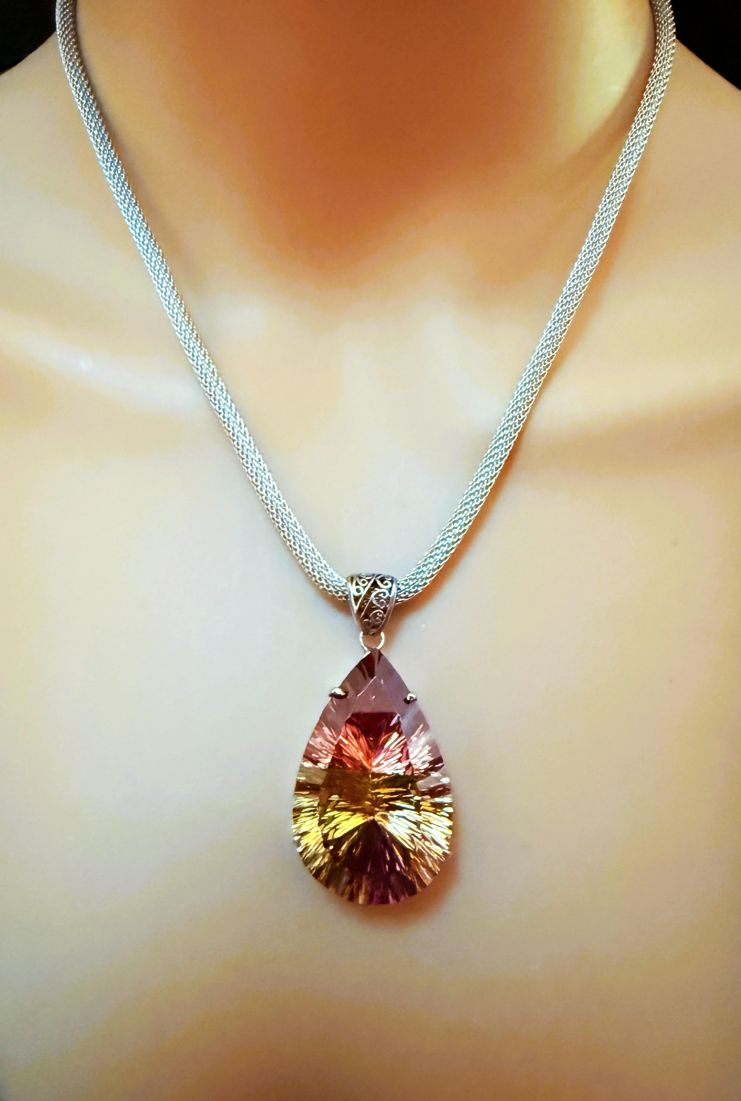 Pear Cut New 59.8 Carat Fantasy Honeycomb Cut Multi-Color Tourmaline Sterling Necklace For Sale