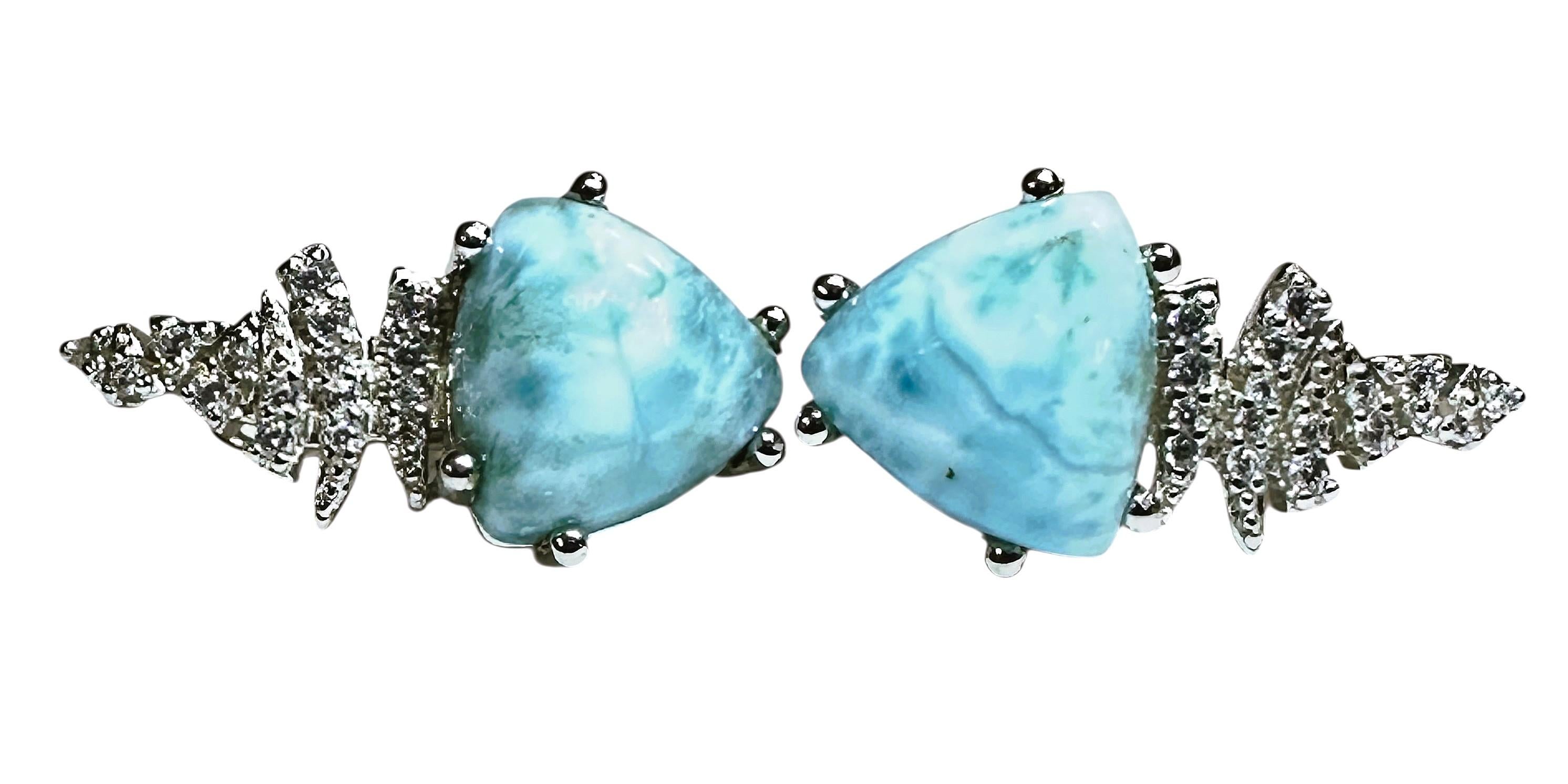 Neu 6 Karat Trillionschliff Dominicanischer Larimar & Diamantschliff Saphir-Ohrringe im Angebot 2