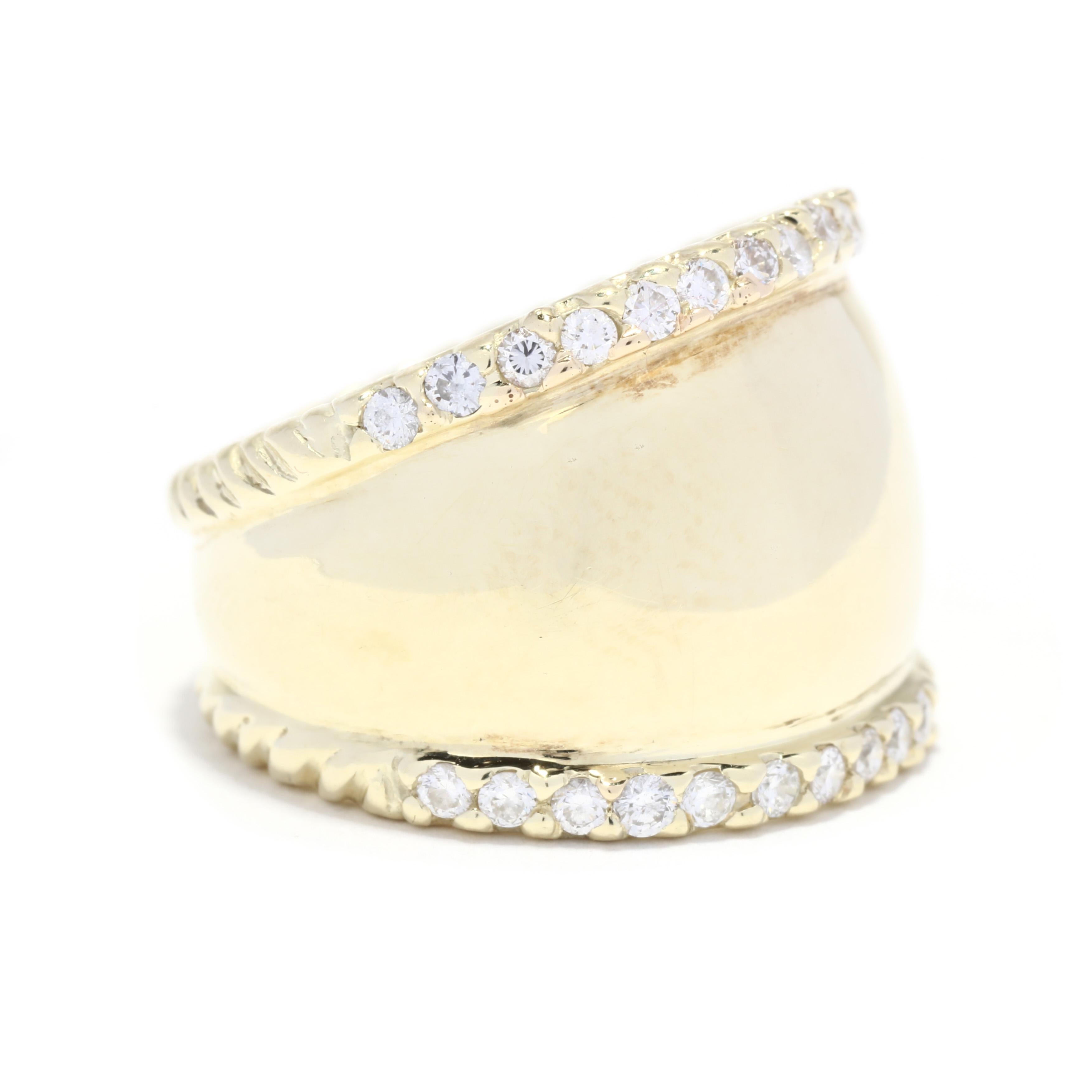 Pierres :
- diamants, 30 pierres
- coupe complète ronde
- 1,75 mm
- environ 60 carats au total
- Couleur G-H, clarté VS-SI

Bague taille 7

Largeur : 5/8 in.

Poids : 5,6 dwts. / 8,4 grammes

Timbres : 14K

Quelques éléments à noter :
* Il s'agit