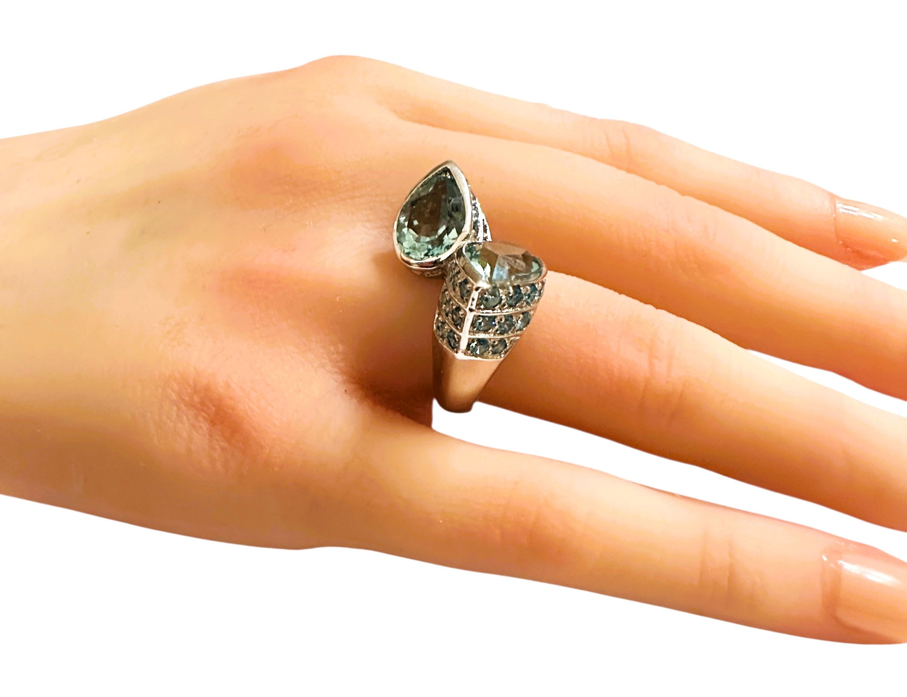 New 6.1 Carat Two Stone Aquamarine & Diamond Cut Blue Sapphire Sterling Ring 4