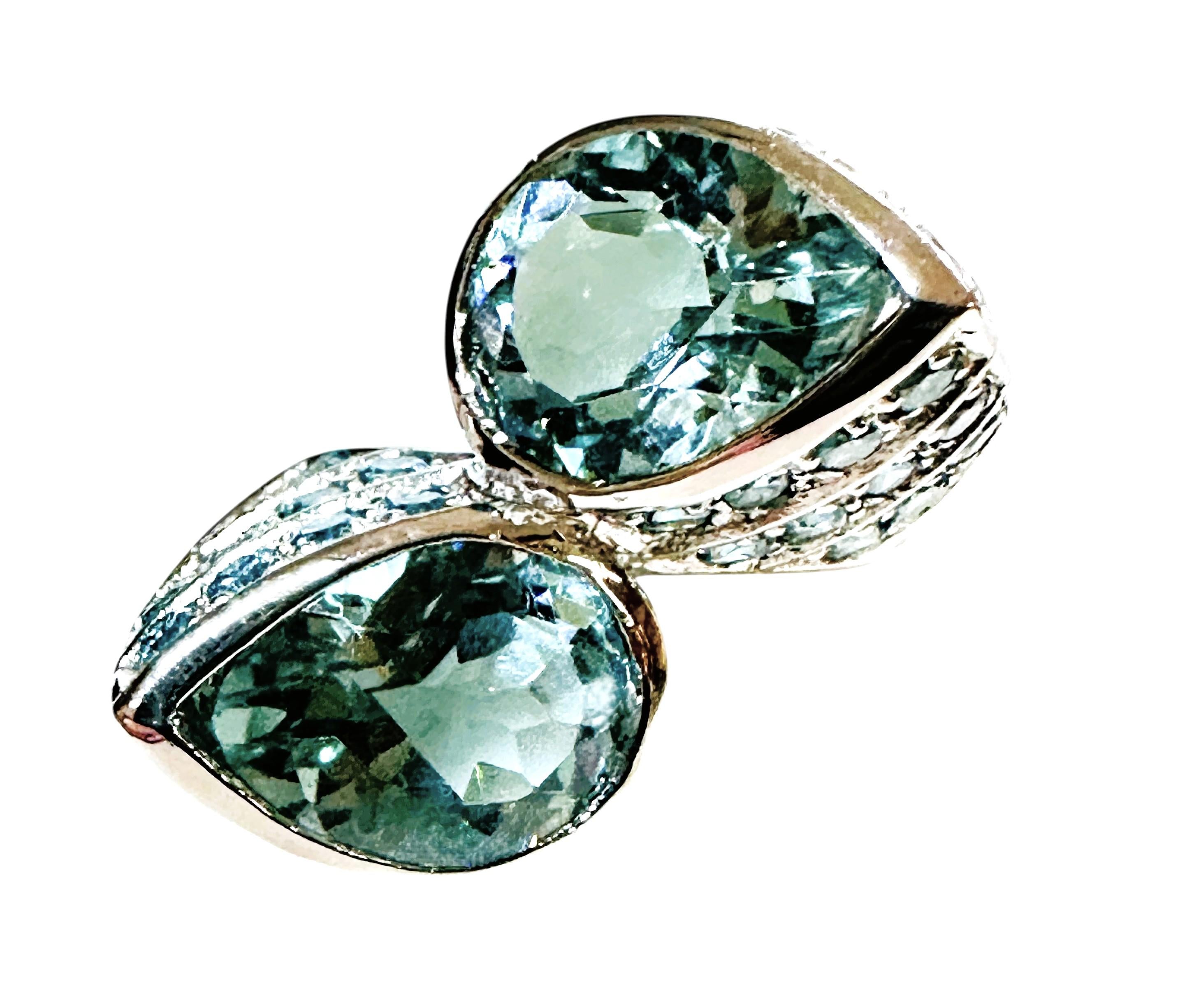 Art Deco New 6.1 Carat Two Stone Aquamarine & Diamond Cut Blue Sapphire Sterling Ring