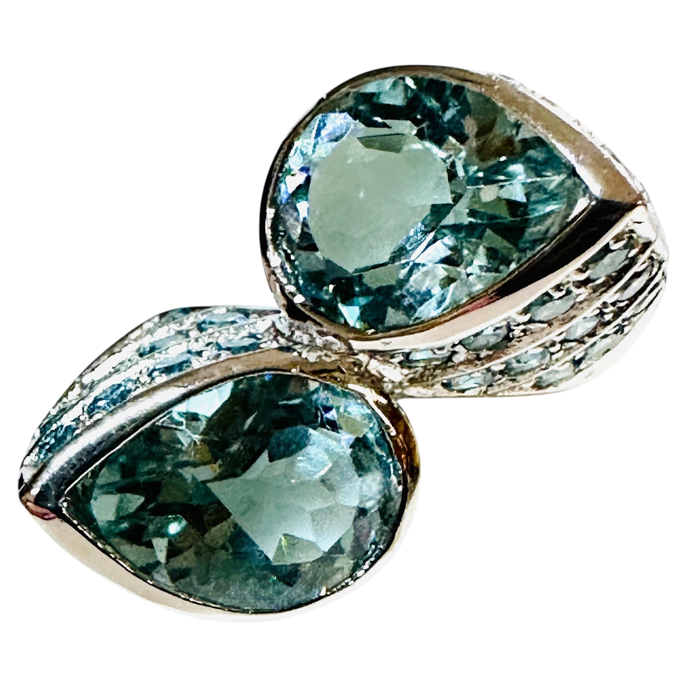 New 6.1 Carat Two Stone Aquamarine & Diamond Cut Blue Sapphire Sterling Ring