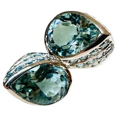New 6.1 Carat Two Stone Aquamarine & Diamond Cut Blue Sapphire Sterling Ring
