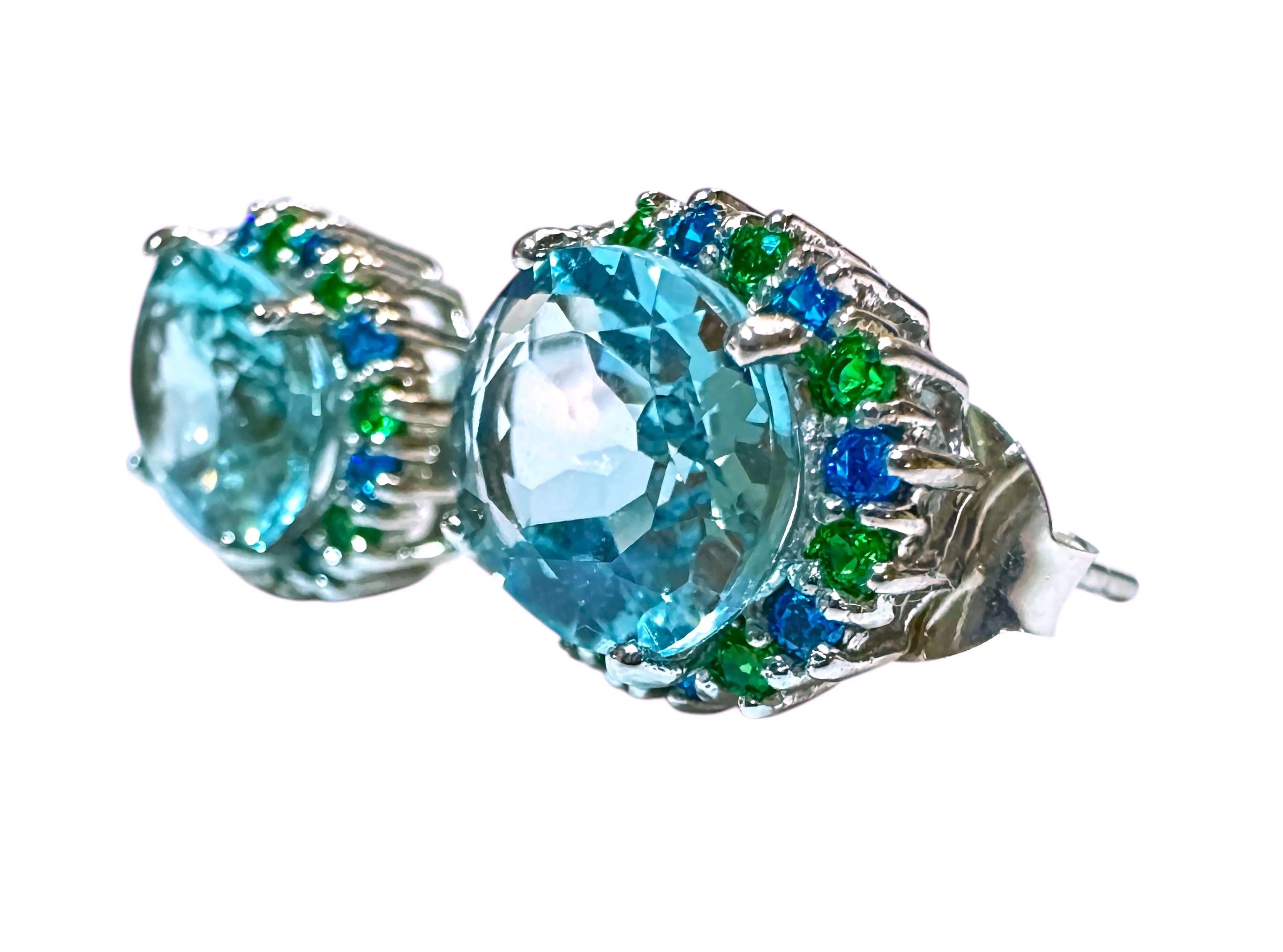 Nuevo Pendientes de 6,12 quilates de aguamarina azul marina y tsavorita talla diamante, de plata de ley Corte oval