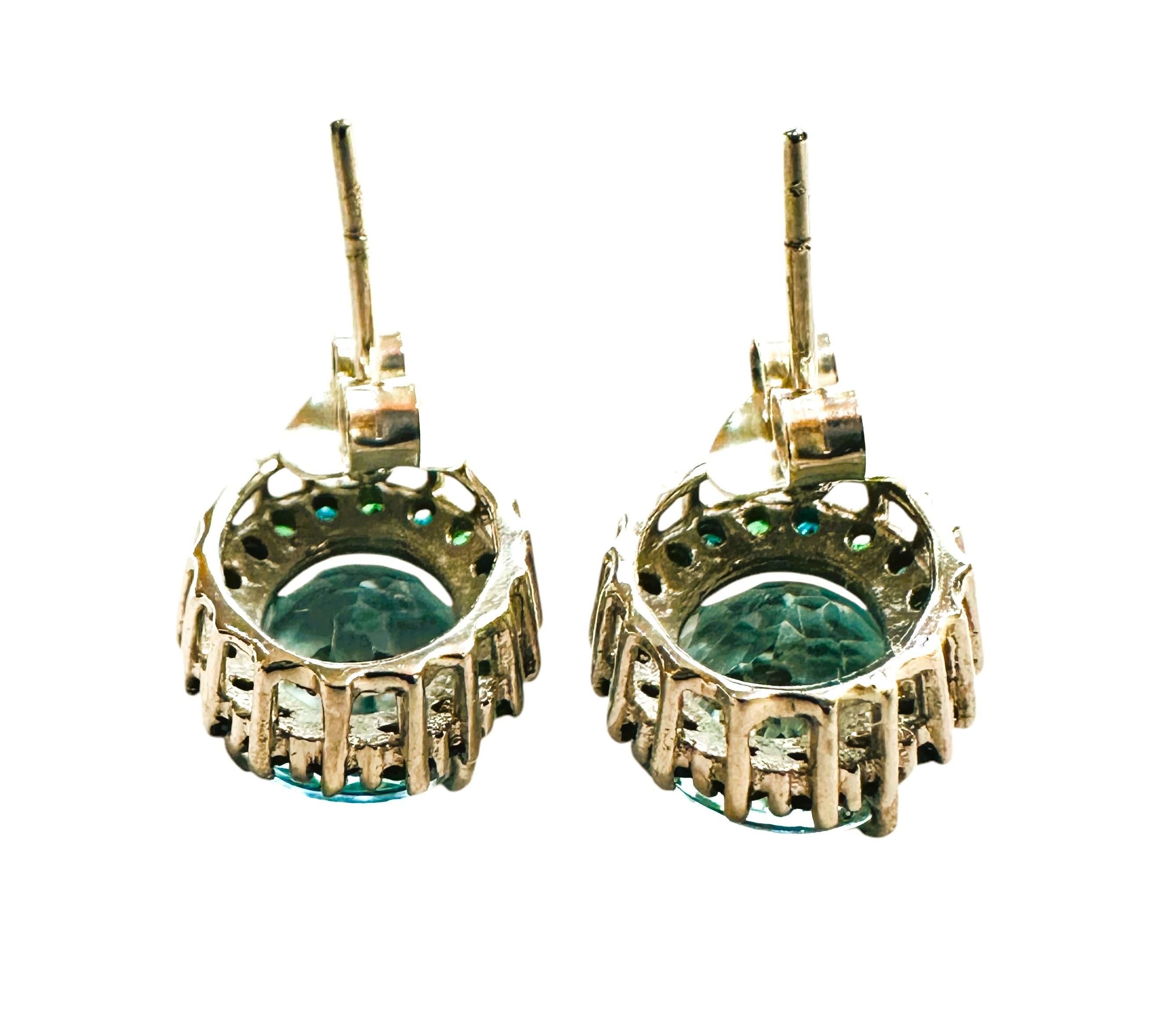 New 6.12 Carat Sea Blue Aquamarine & Diamond Cut Tsavorite Sterling Earrings For Sale 1