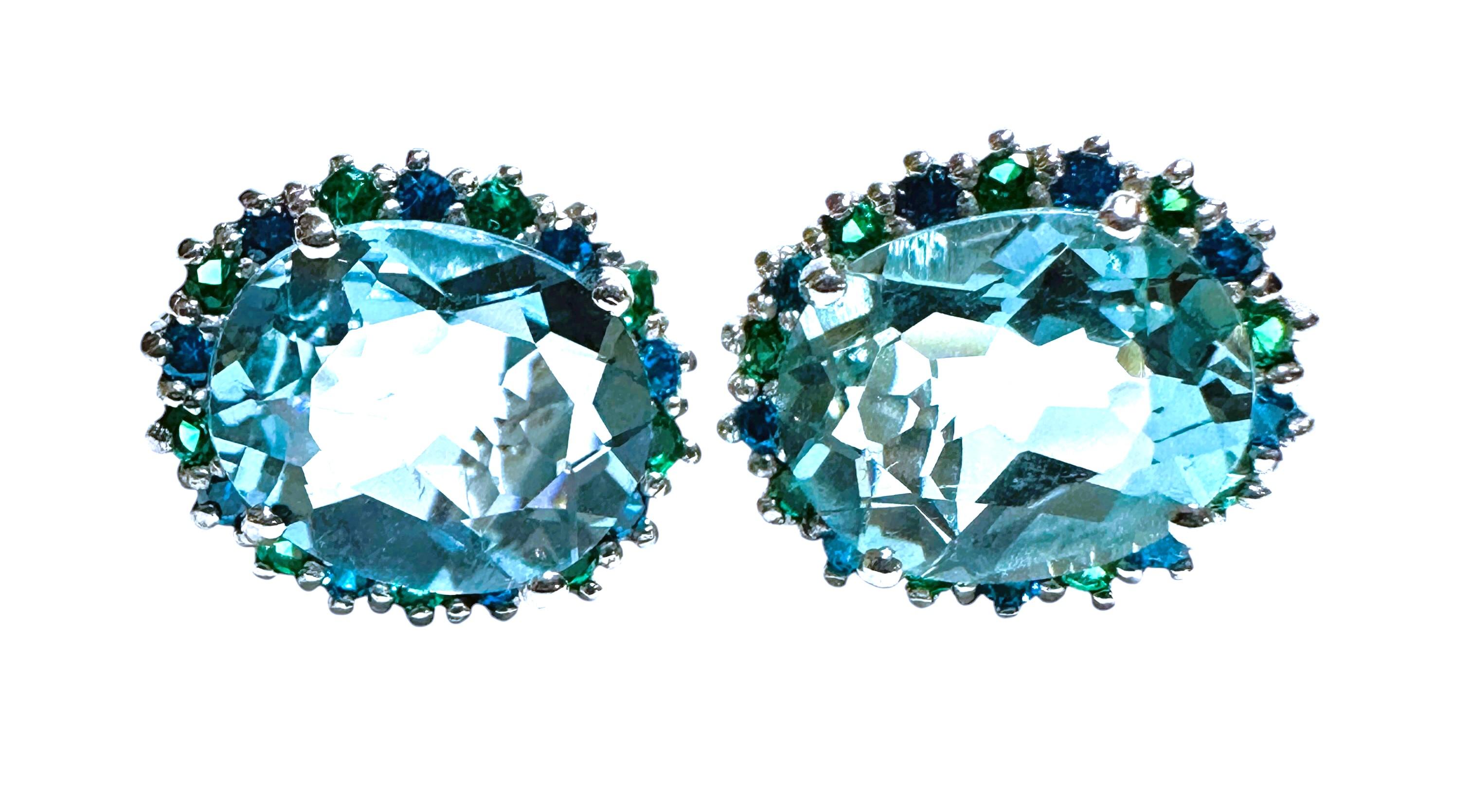 New 6.12 Carat Sea Blue Aquamarine & Diamond Cut Tsavorite Sterling Earrings For Sale 2