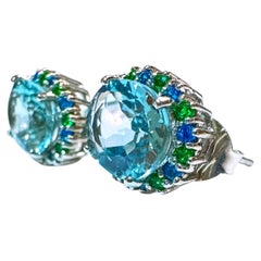 Nuevo Pendientes de 6,12 quilates de aguamarina azul marina y tsavorita talla diamante, de plata de ley