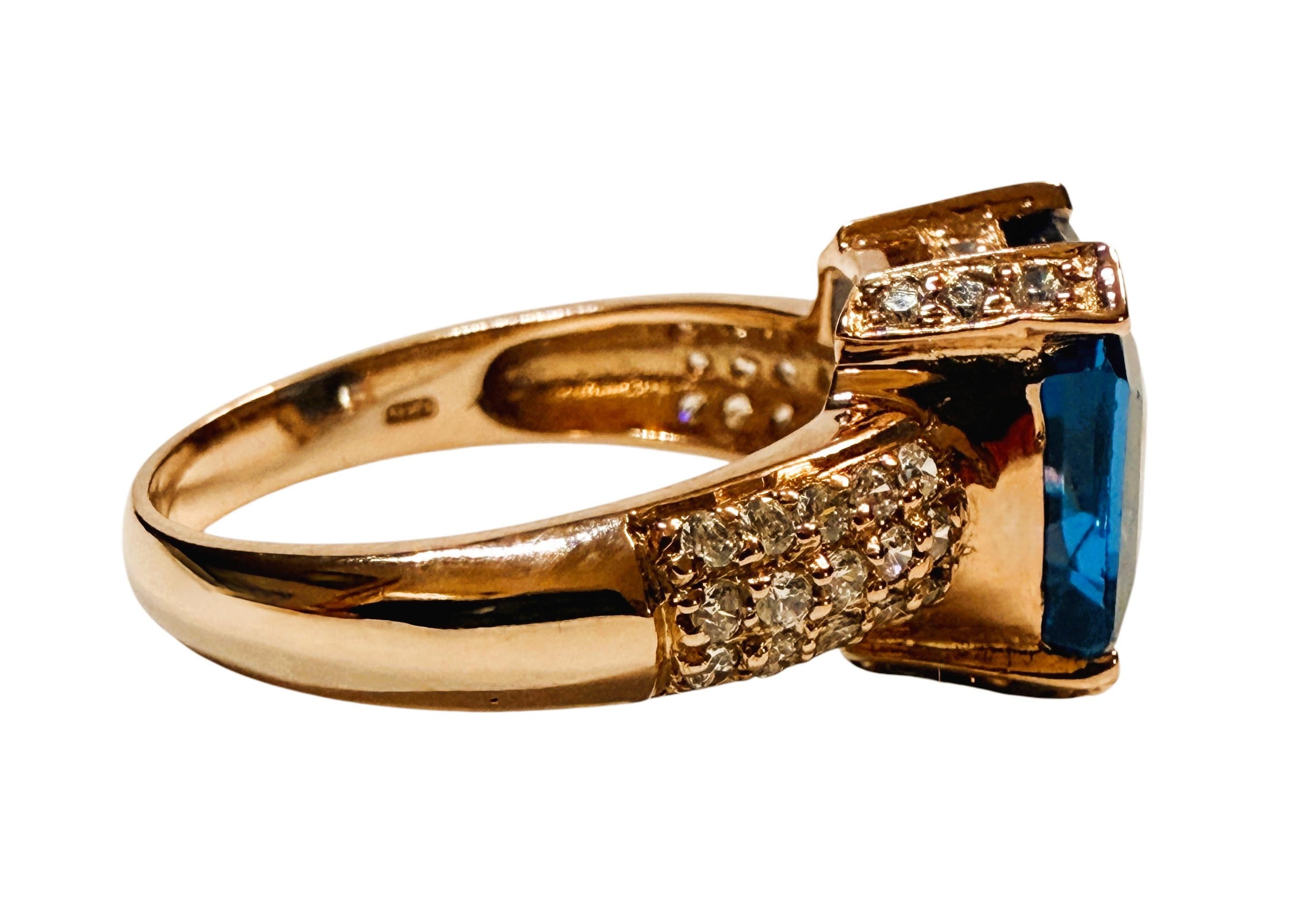 Nuevo Anillo PL de Oro Rosa con Topacio Azul de Londres de 6,25 Quilates y Zafiro talla Diamante Art Decó en venta