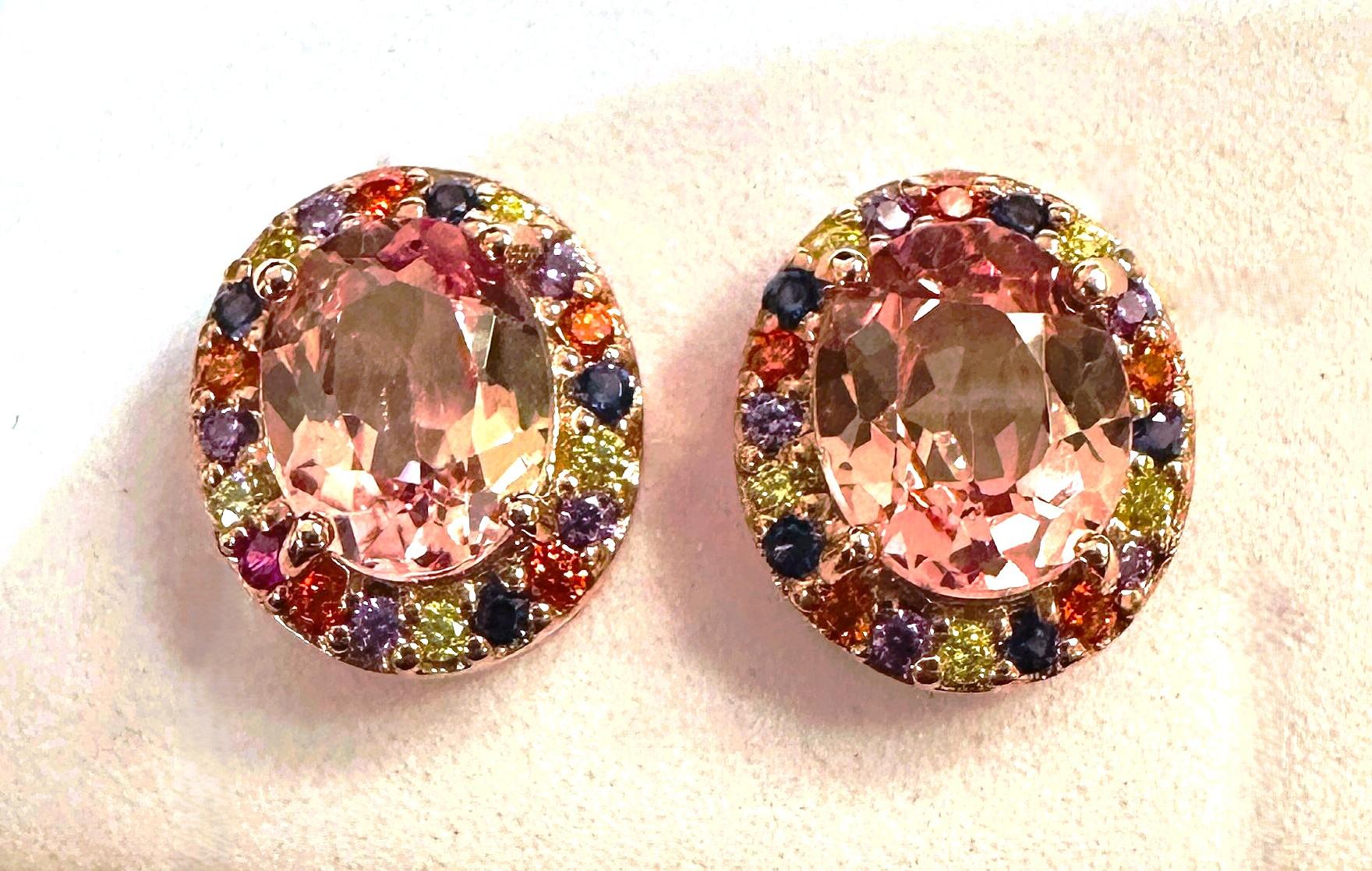 Art Deco New 6.30 ct Peach Sapphire & Multi Stone Rose Gold Plated Sterling Earrings