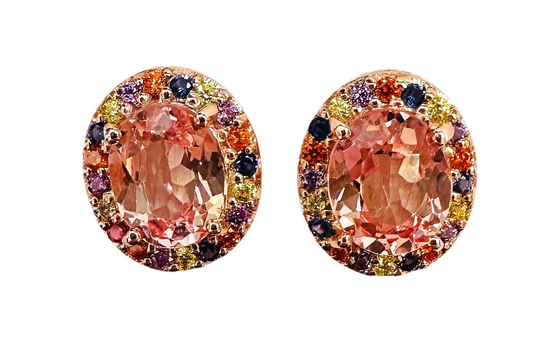Oval Cut New 6.30 ct Peach Sapphire & Multi Stone Rose Gold Plated Sterling Earrings