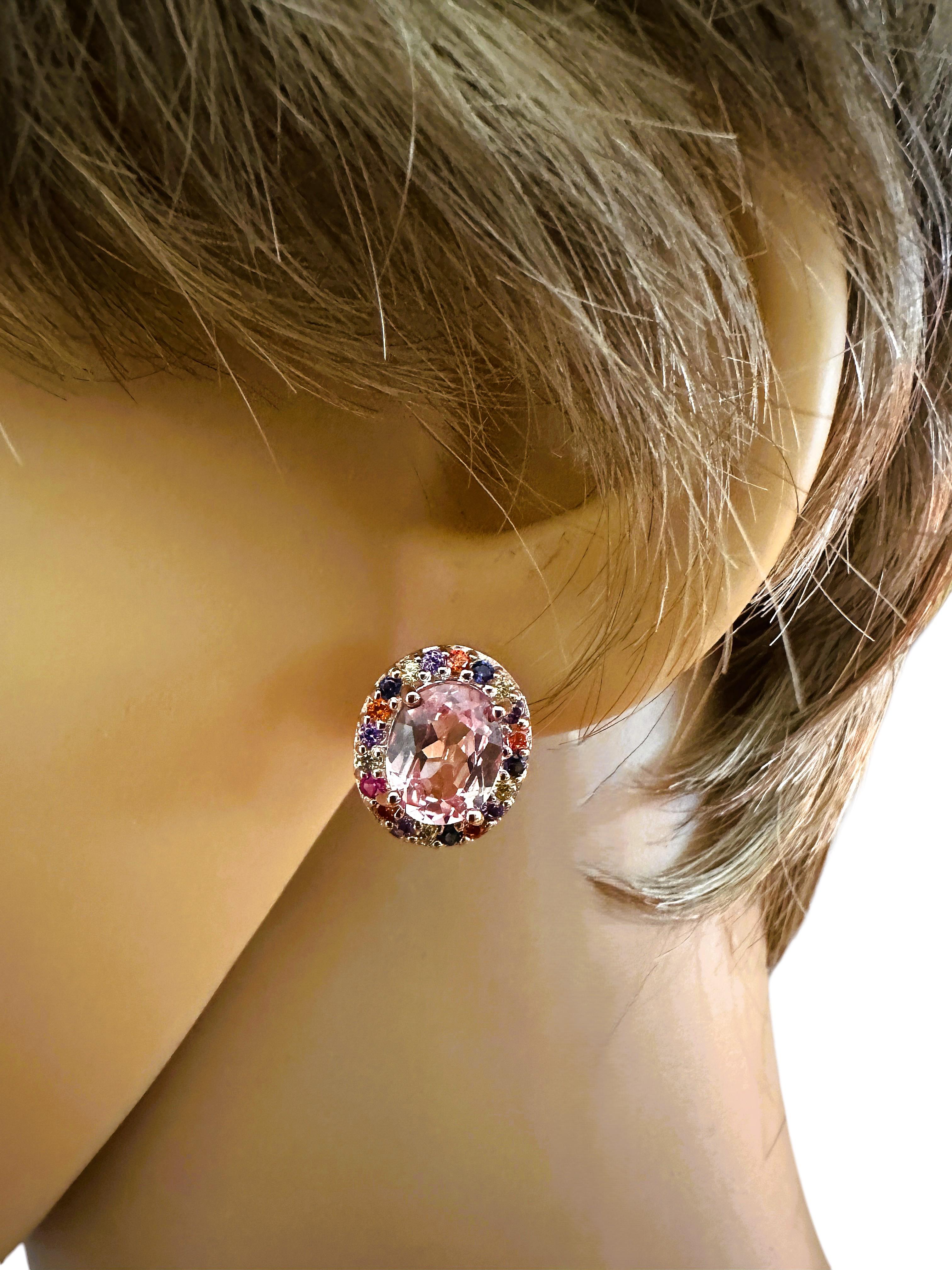 New 6.30 ct Peach Sapphire & Multi Stone Rose Gold Plated Sterling Earrings 2