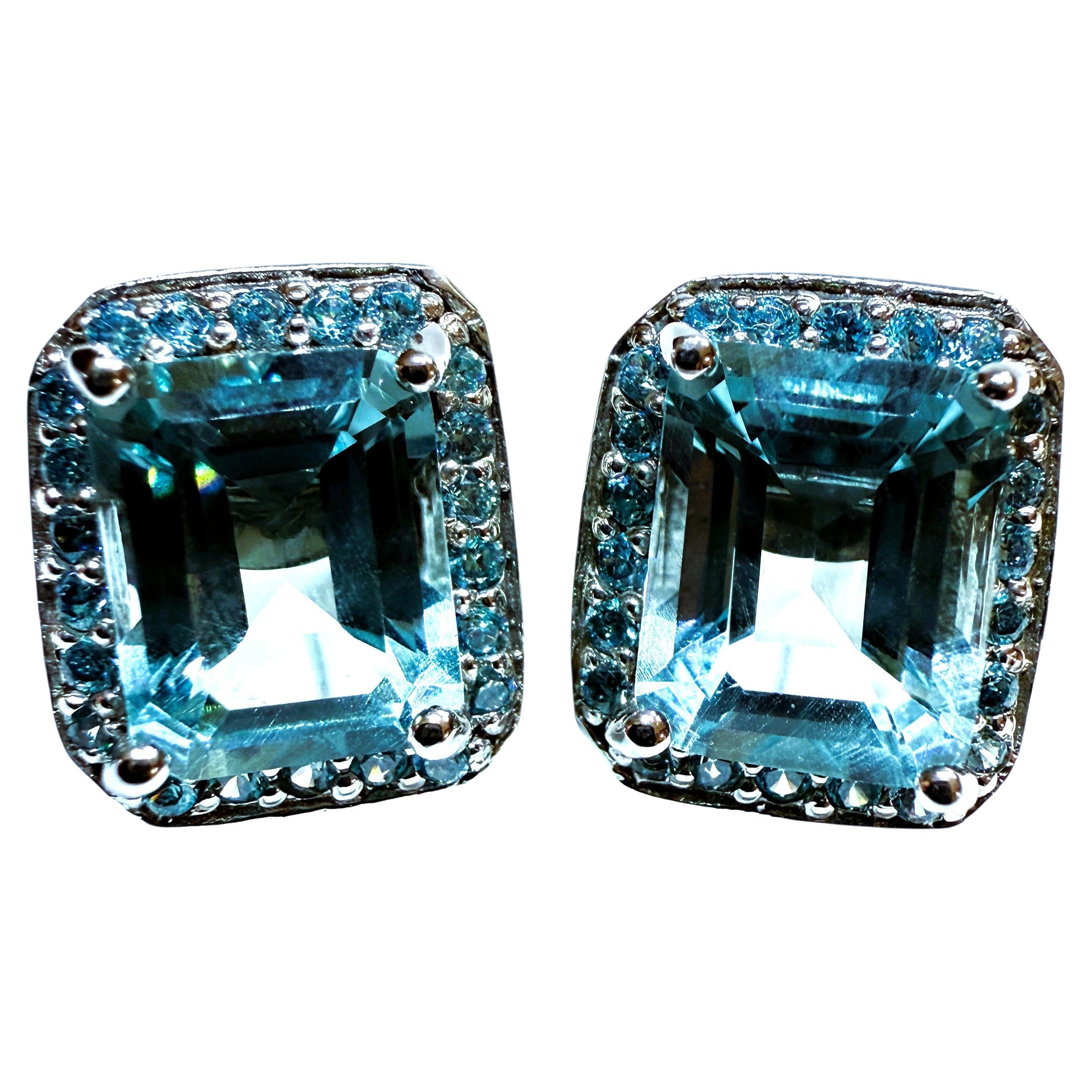 New 6.35 Carat Emerald Cut Aquamarine & Diamond Cut Sapphire Sterling Earrings