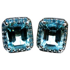 New 6.35 Carat Emerald Cut Aquamarine & Diamond Cut Sapphire Sterling Earrings