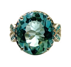 New 6.40 Carat Fancy Cut Oval Aquamarine & Diamond Cut Sapphire Ring Size 6.25