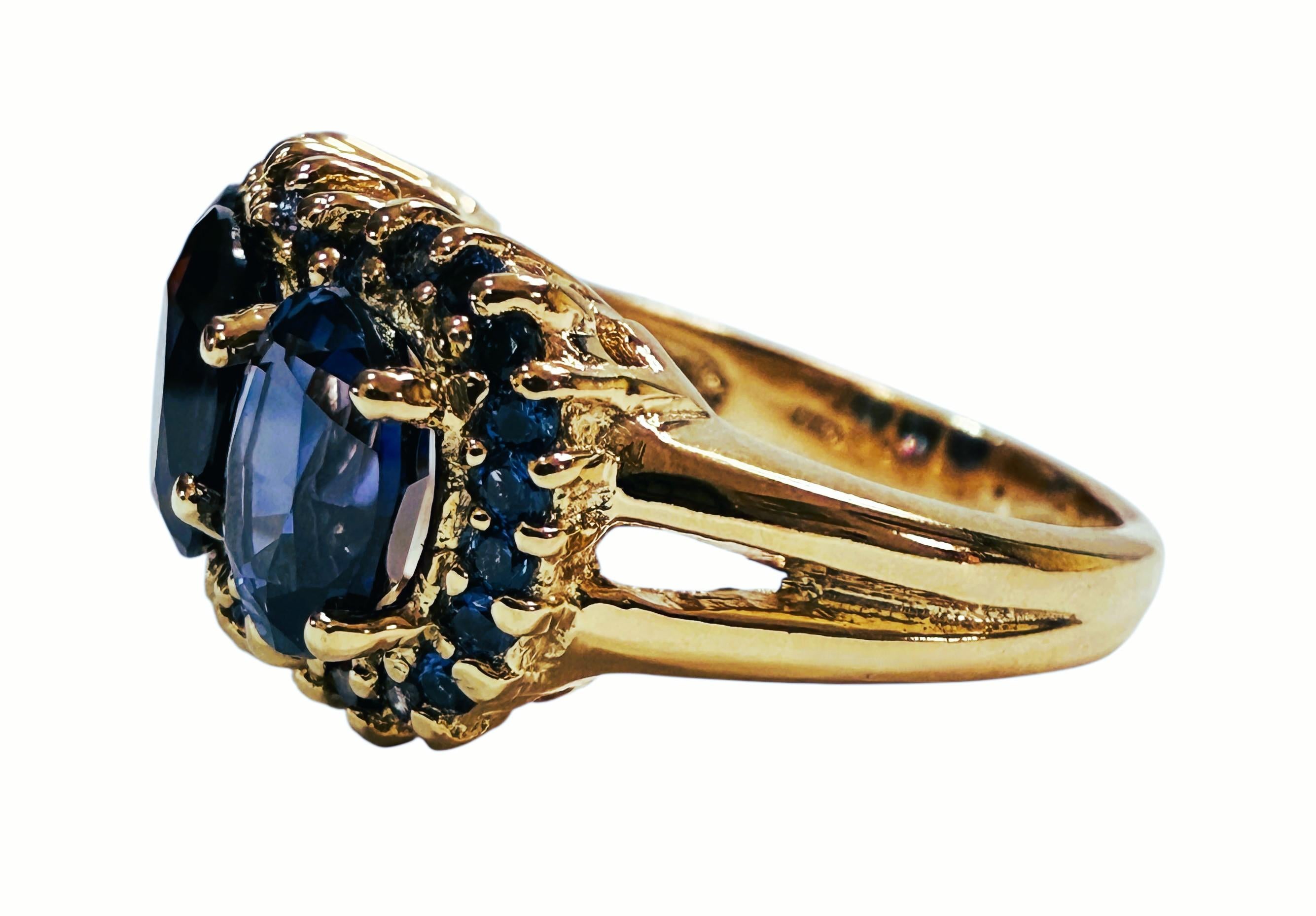 Art Deco New 6.70 Carat 3-Stone Oval & Diamond Cut Blue Sapphire R Gold PL Sterling Ring For Sale