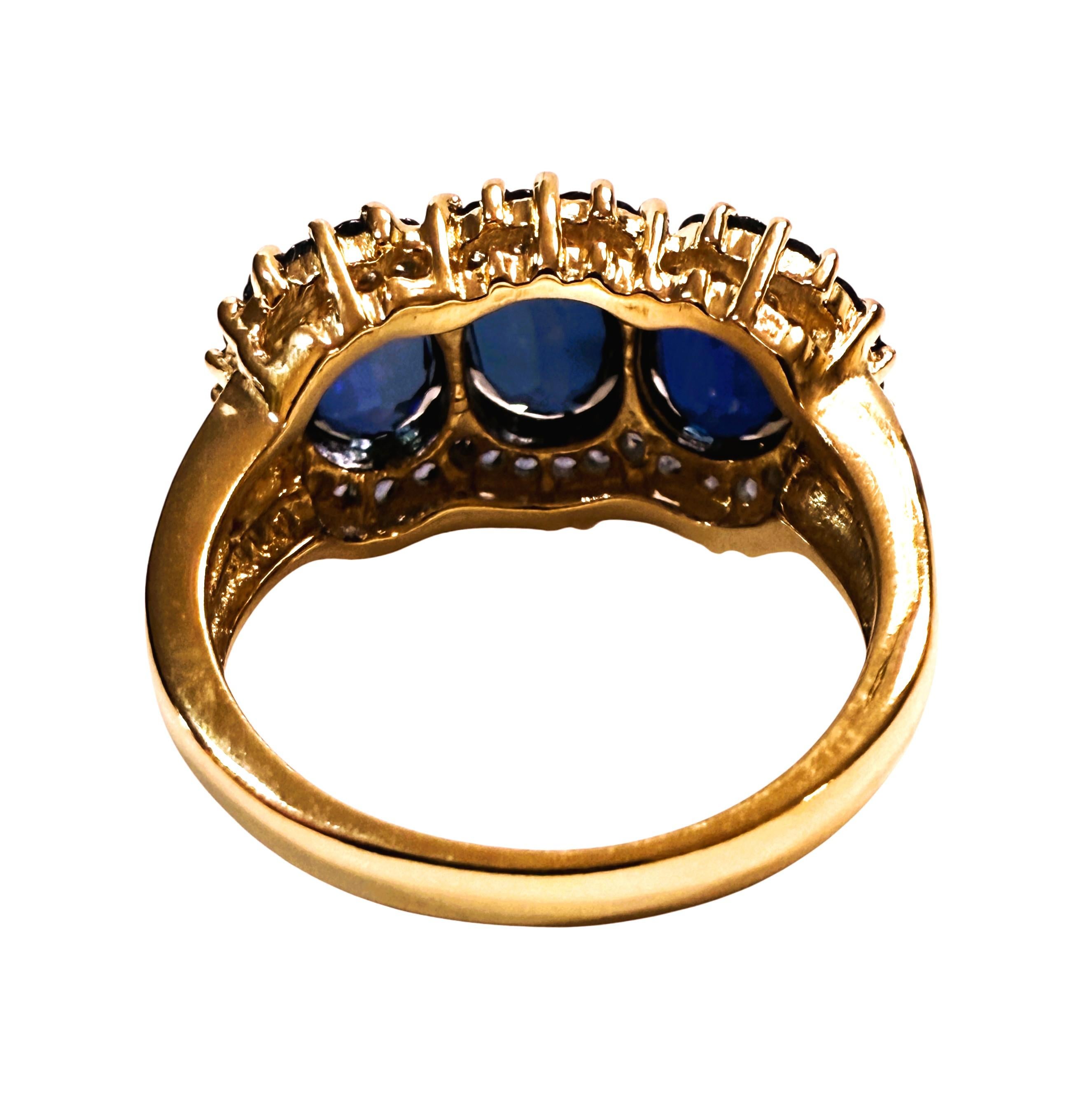 Oval Cut New 6.70 Carat 3-Stone Oval & Diamond Cut Blue Sapphire R Gold PL Sterling Ring For Sale