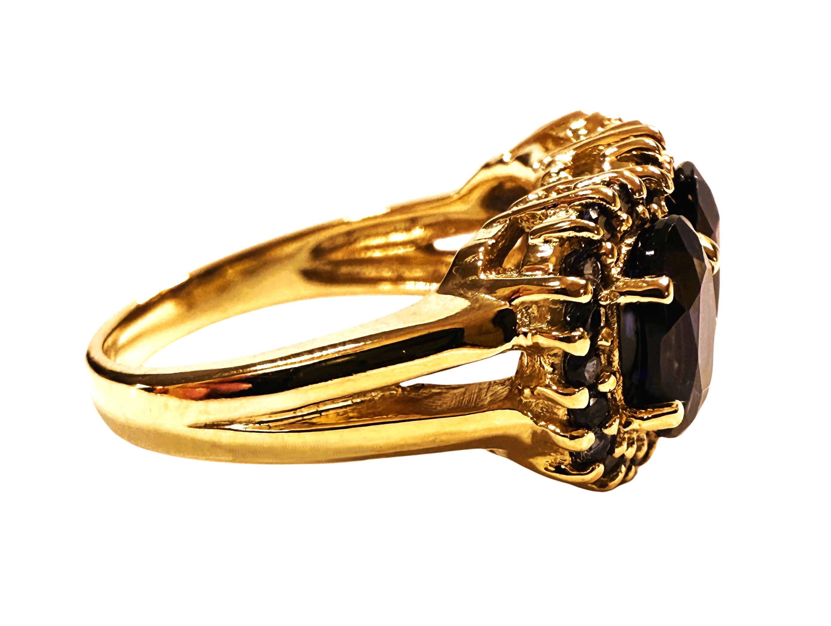 New 6.70 Carat 3-Stone Oval & Diamond Cut Blue Sapphire R Gold PL Sterling Ring In New Condition For Sale In Eagan, MN