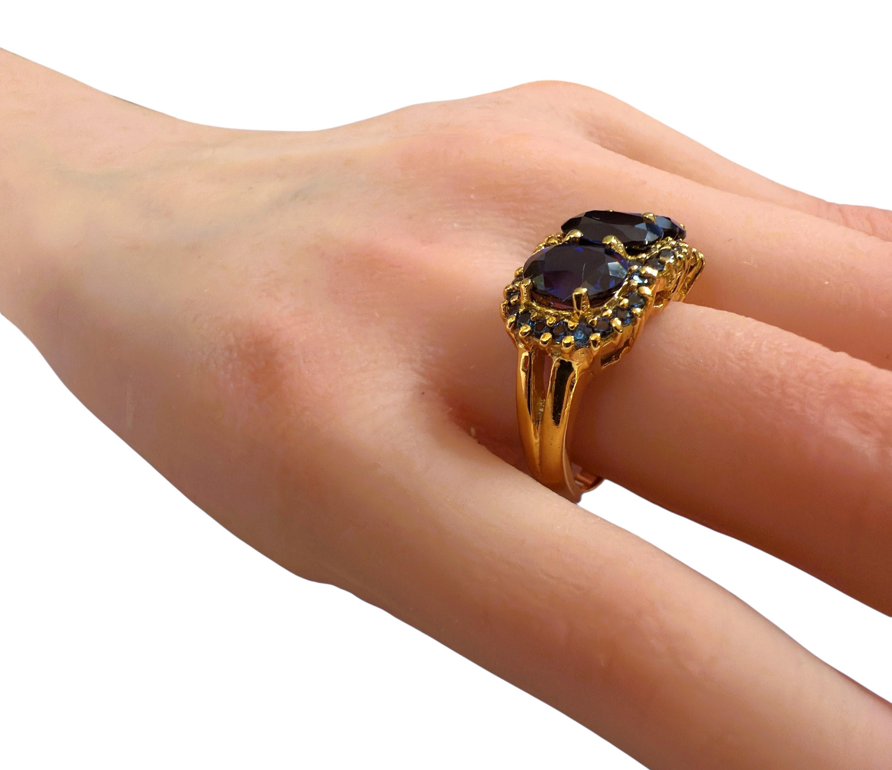 New 6.70 Carat 3-Stone Oval & Diamond Cut Blue Sapphire R Gold PL Sterling Ring For Sale 1
