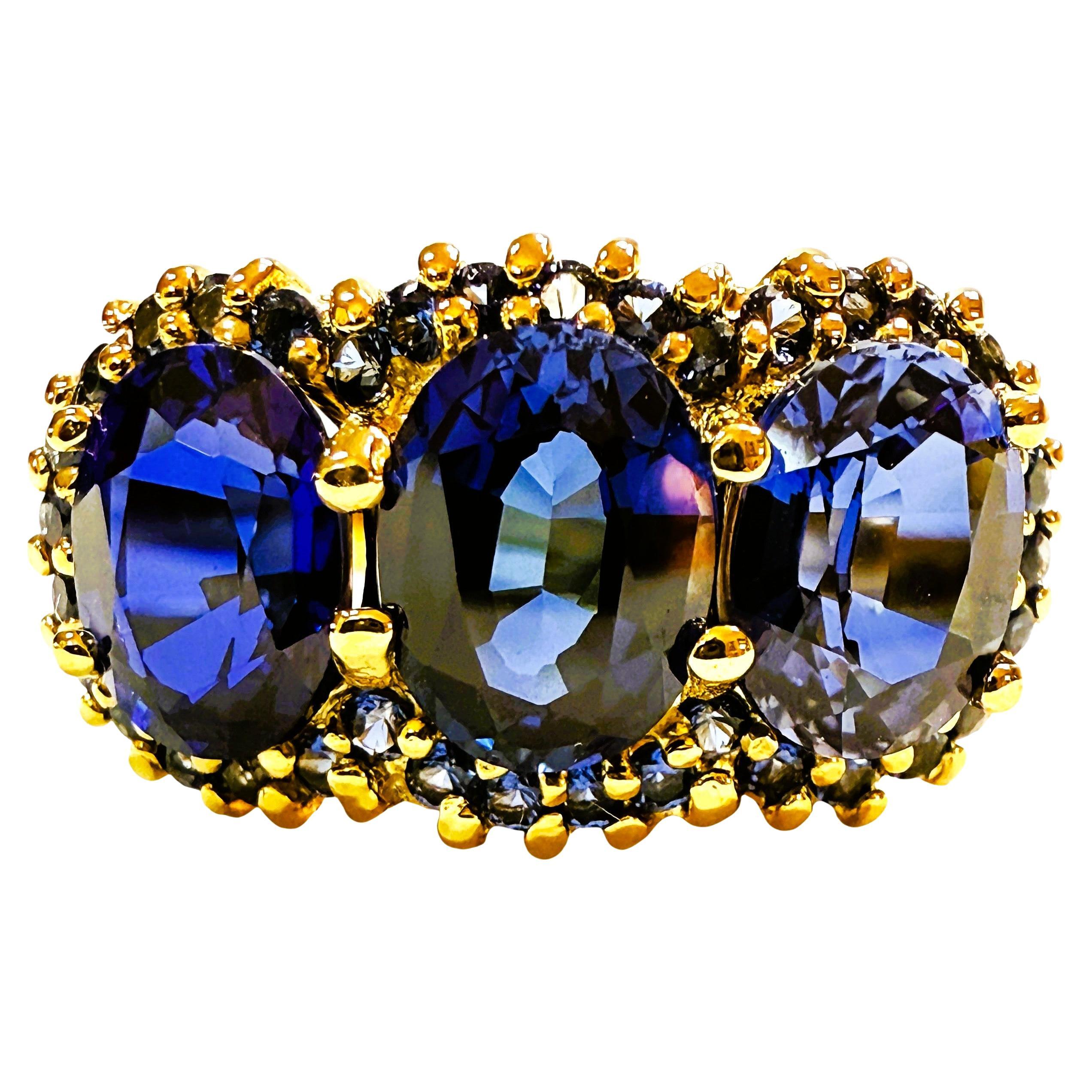 New 6.70 Carat 3-Stone Oval & Diamond Cut Blue Sapphire R Gold PL Sterling Ring