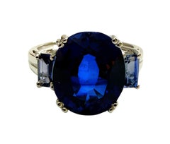 New 6.70 Carat Blue Sapphire & Baguette Cut Sapphire Sterling Ring Size 6.75