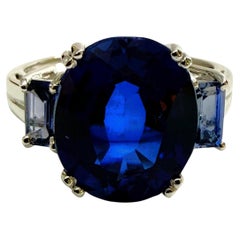 New 6.70 Carat Blue Sapphire & Baguette Cut Sapphire Sterling Ring Size 6.75