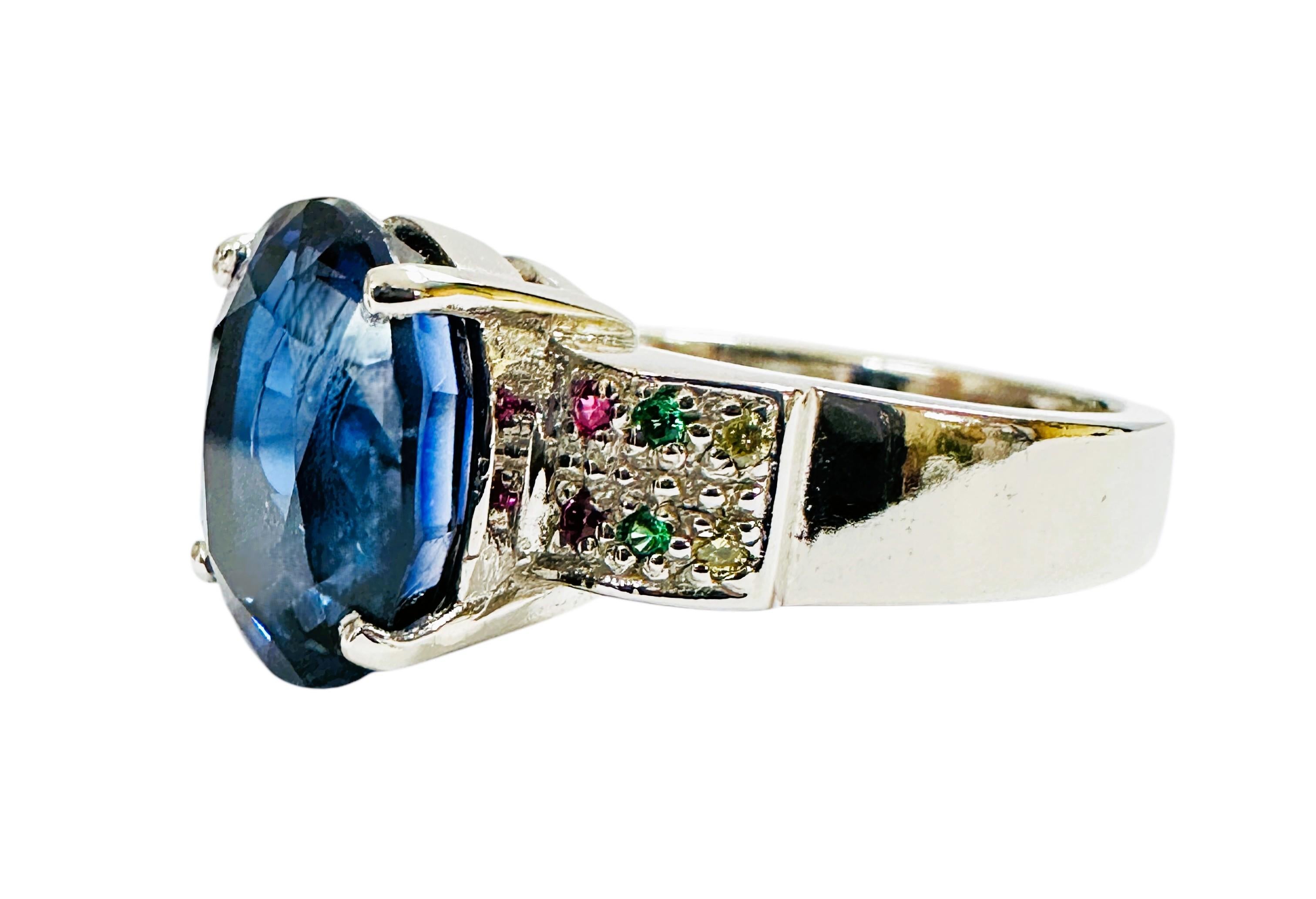 Art Deco New 6.75 Carat Blue Sapphire & Diamond Cut Sapphire Sterling Silver Ring Sz 7.75