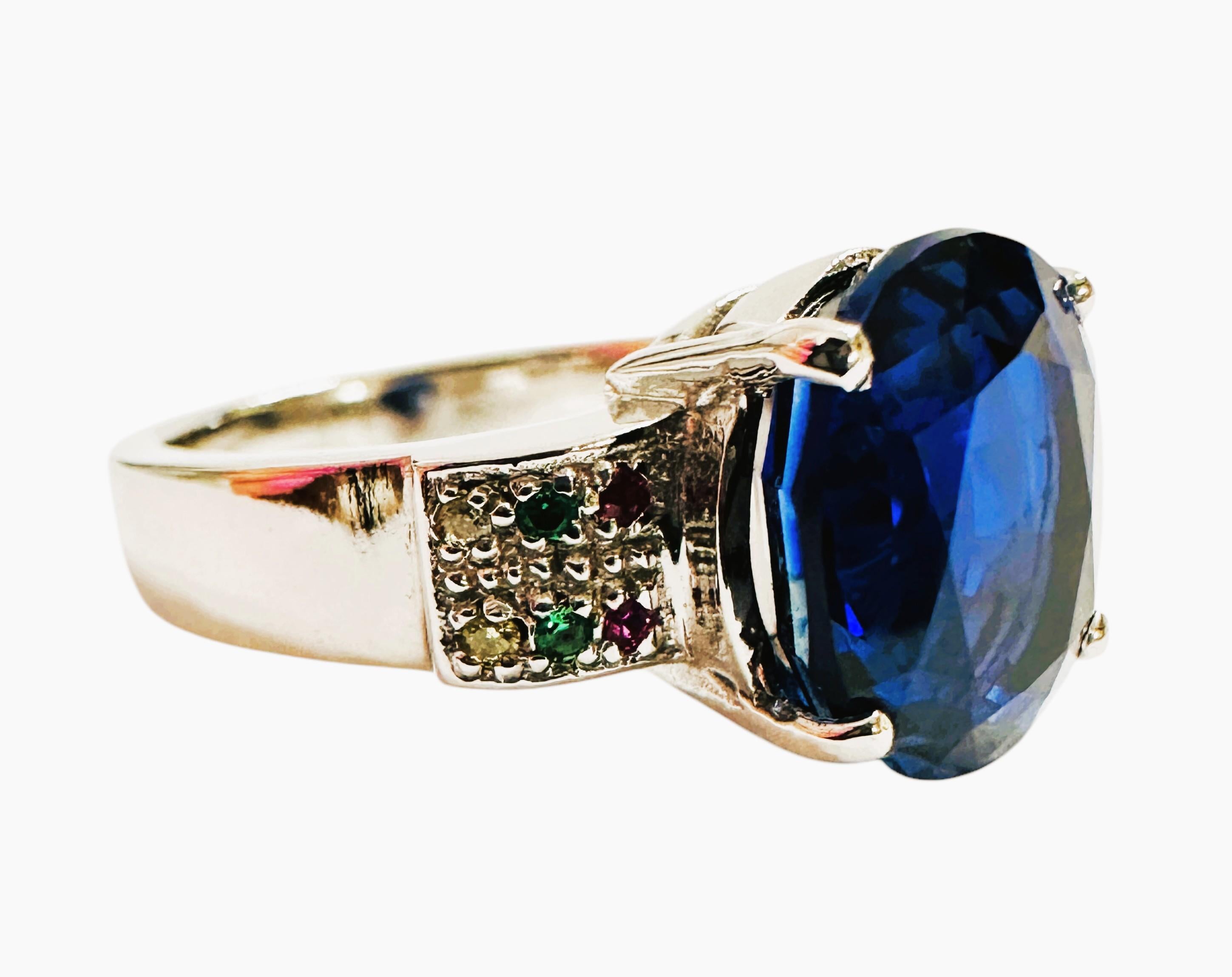 New 6.75 Carat Blue Sapphire & Diamond Cut Sapphire Sterling Silver Ring Sz 7.75 In New Condition In Eagan, MN