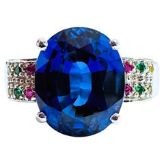 New 6.75 Carat Blue Sapphire & Diamond Cut Sapphire Sterling Silver Ring Sz 7.75