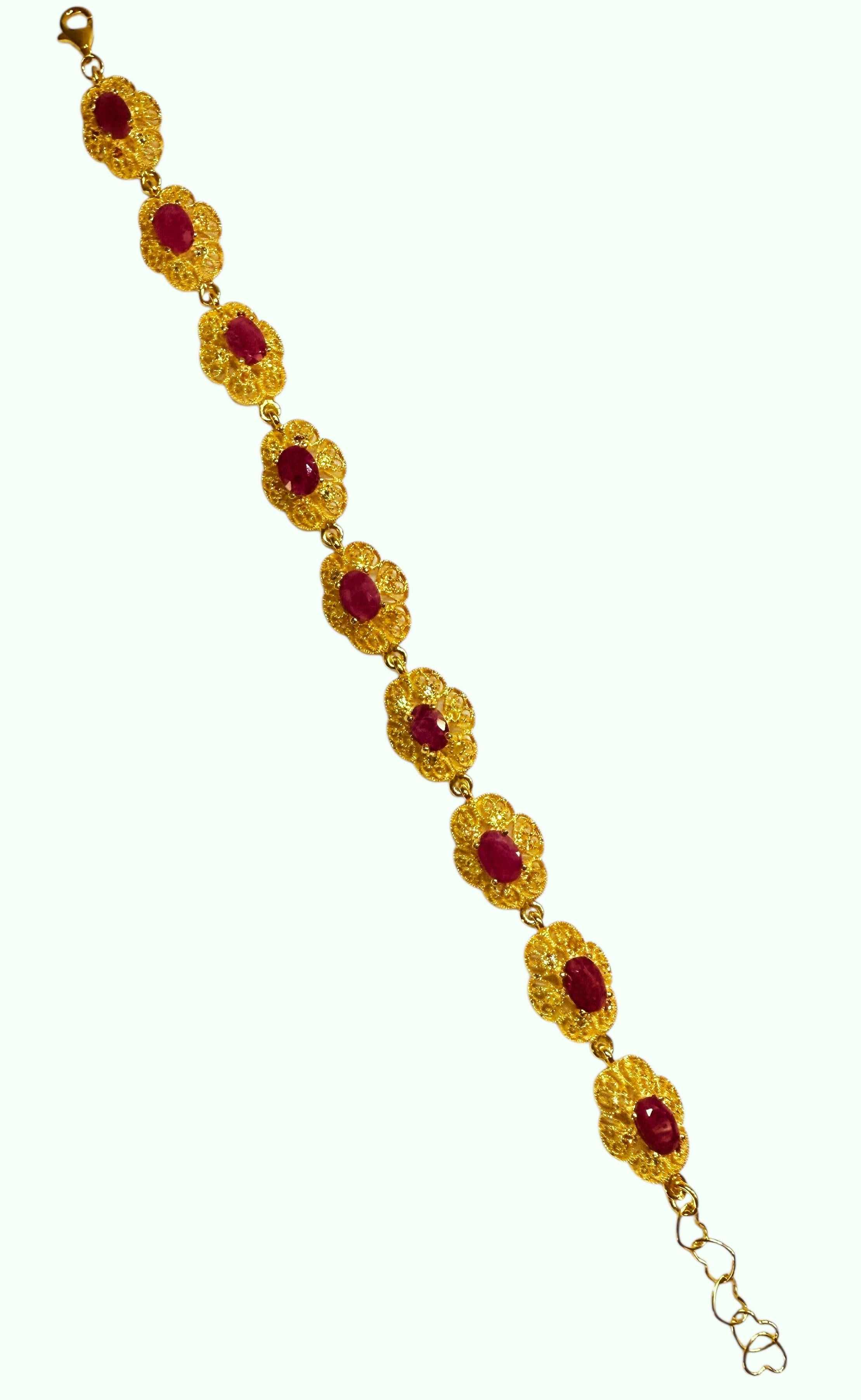Art déco New 6.84 Carat 9 Ruby 14K Gold PL Sterling Silver Bracelet 7 to 8 inches