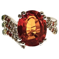 Nuevo anillo de plata de ley con zafiro naranja de 6,9 quilates y tsavorita talla diamante