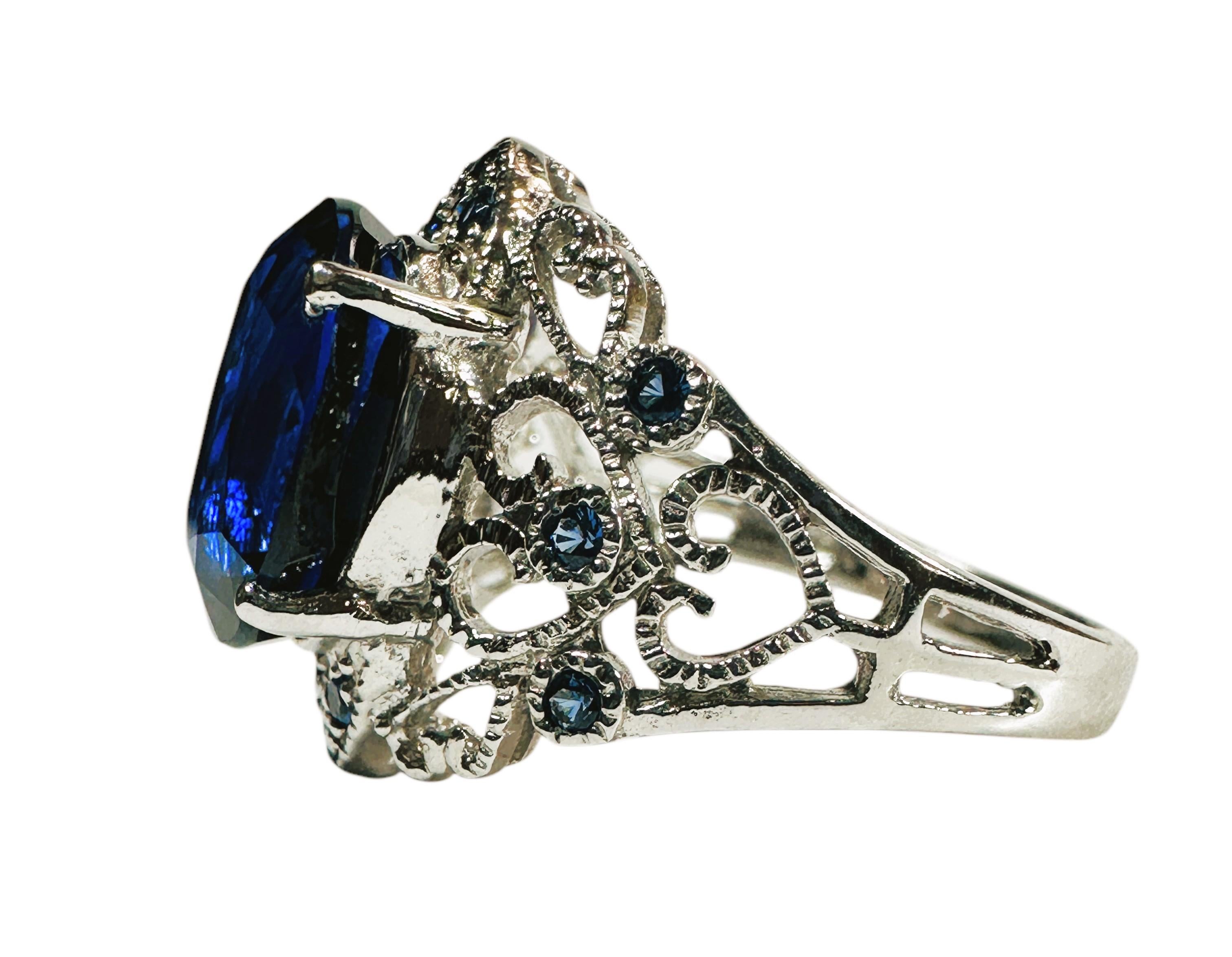 Art Deco New 6.95 Carat Blue Sapphire & Diamond Cut Sapphire Sterling Ring