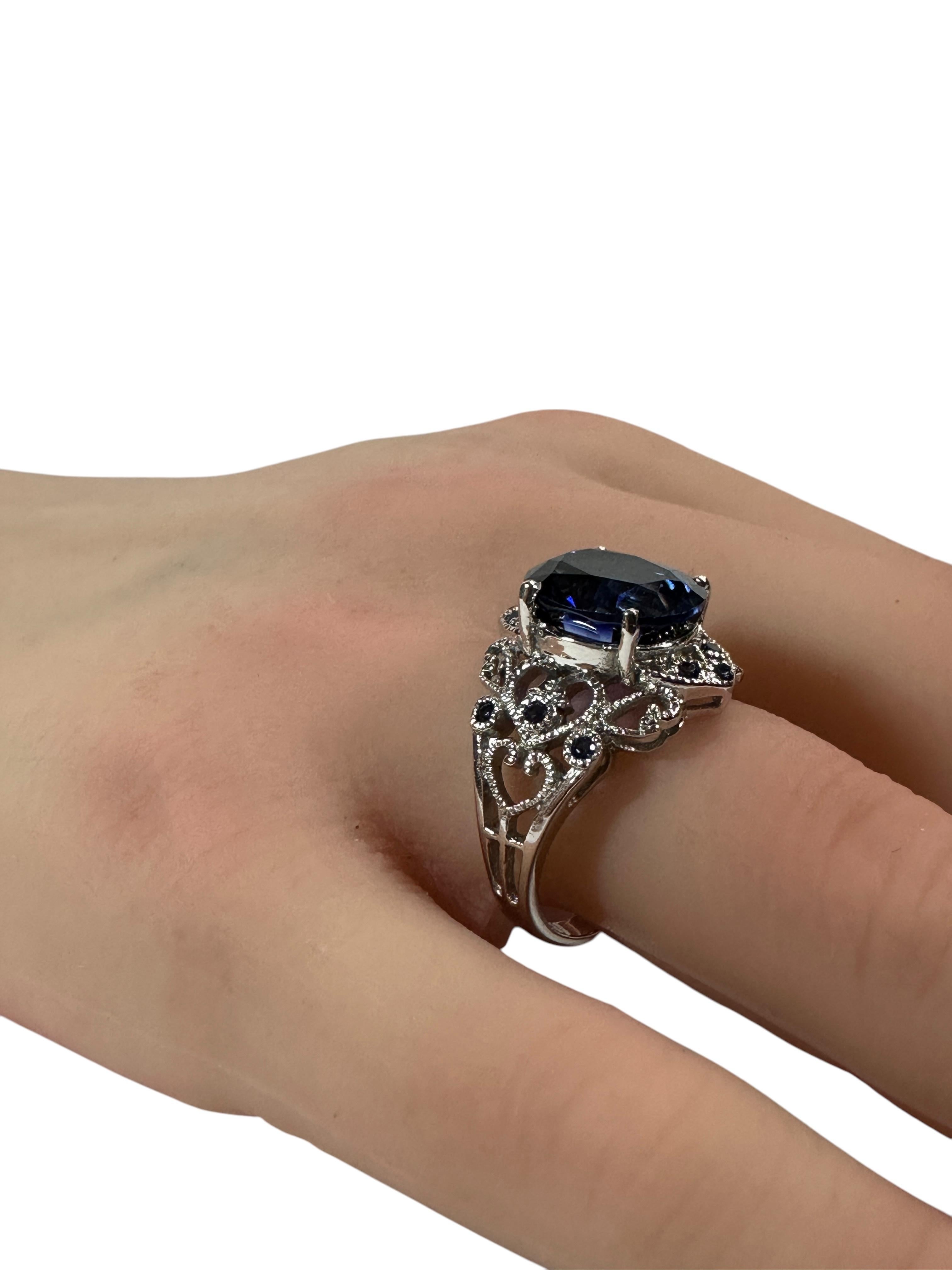 Women's New 6.95 Carat Blue Sapphire & Diamond Cut Sapphire Sterling Ring