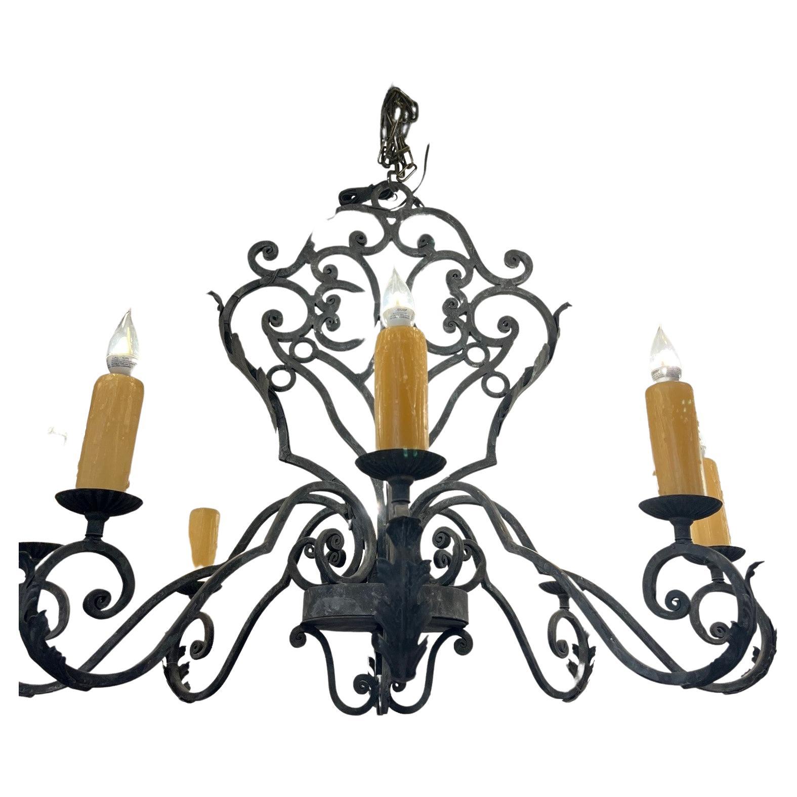 6Lite Wrought Iron Chandelier with Cast Leaves For Sale at 1stDibs