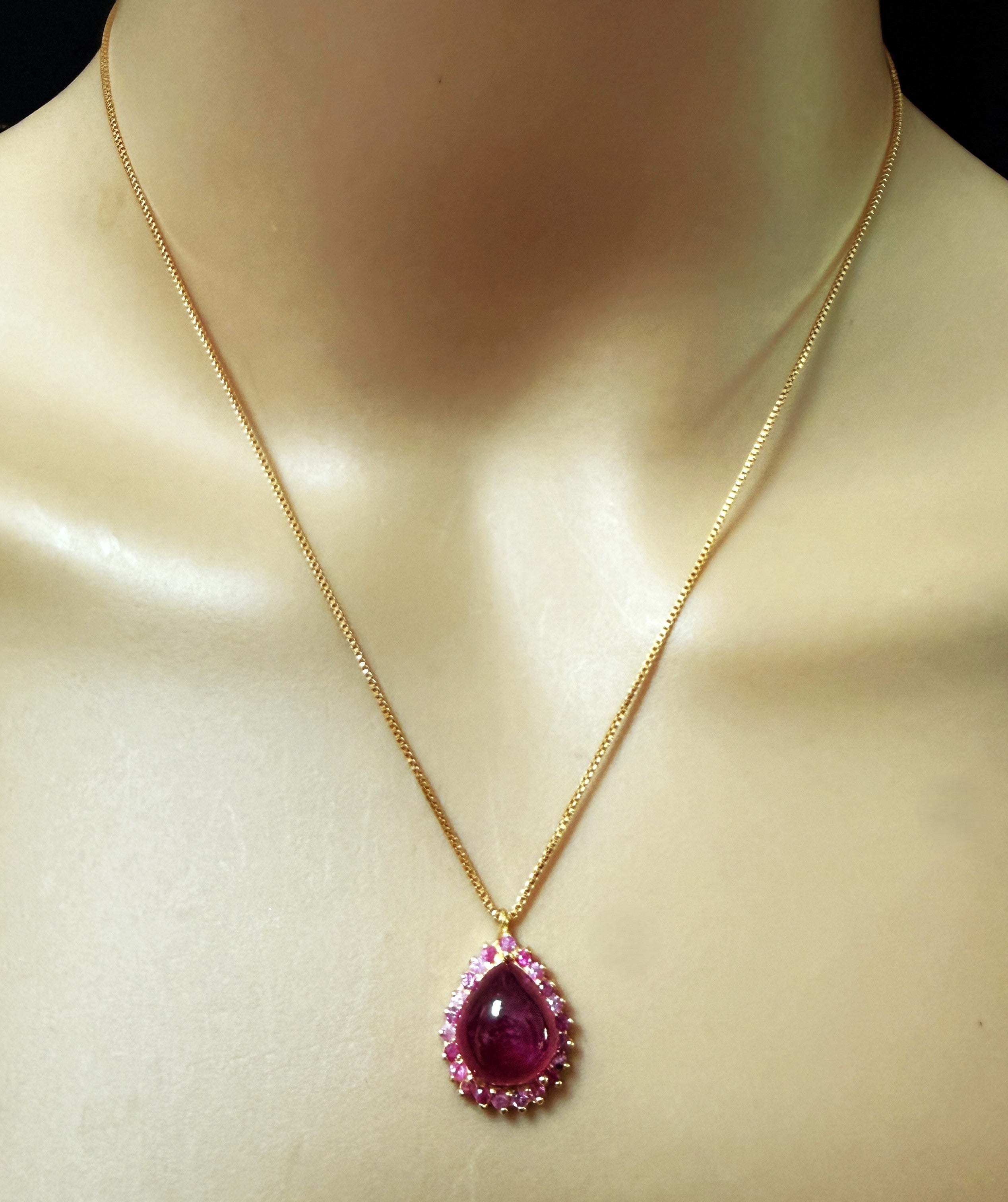 New 7.0 Carat Ruby Cabochon 14k Yellow Gold PL Sterling Silver Necklace