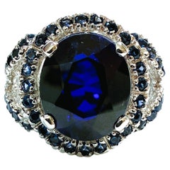 Nuovo anello in argento sterling con zaffiro blu ovale e taglio diamante da 7.02 carati