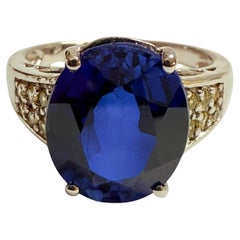 New 7.2 Carat Oval Blue & Diamond Cut Champagne Sapphire Sterling Silver Ring