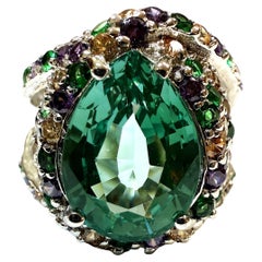 New 7.5 Carat Green Paraiba Tourmaline 
Diamond Cut Sapphire Sterling Ring