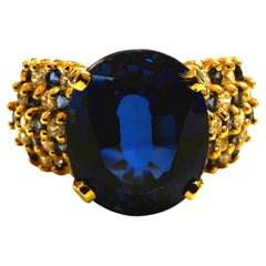 New 7.5 Carat Oval & Diamond Cut Sapphire 24k Yellow Gold PLSterling Silver Ring