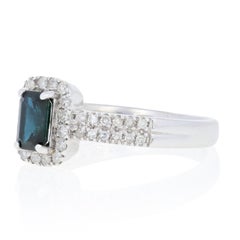.75 Carat Rectangle Cut Sapphire and Diamond Ring, 18 Karat White Gold Halo