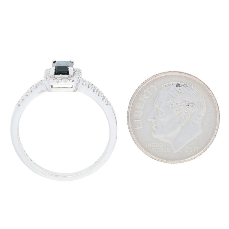 Women's .75 Carat Rectangle Cut Sapphire and Diamond Ring, 18 Karat White Gold Halo