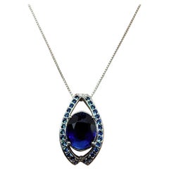 New 7.60 Carat Blue Oval & Diamond Cut Sapphire Sterling Silver Pendant Necklace