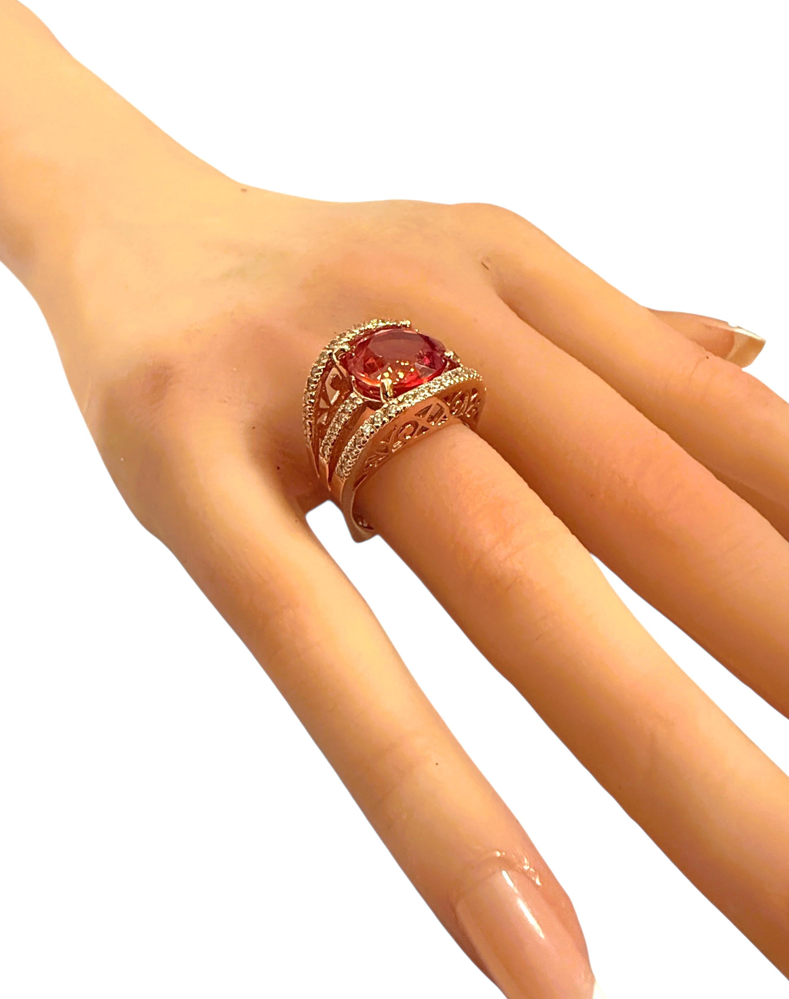 Neu 7,65 Karat Padparadscha & Diamantschliff Saphir 24k R Gold PL Sterling Ring im Angebot 1
