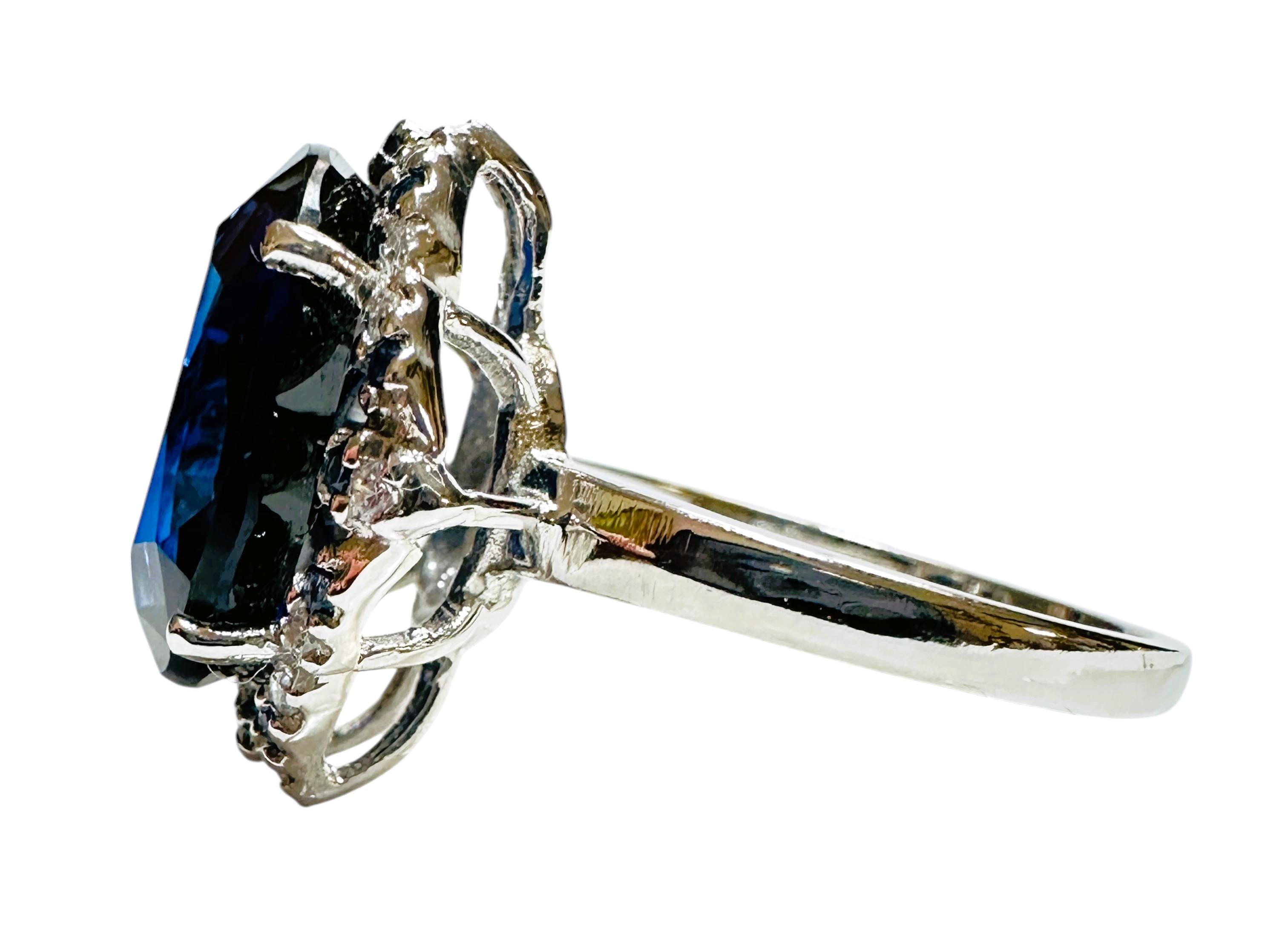 Art Deco New 7.78 Carat Deep Blue Sapphire & Diamond Cut Sapphire Sterling Silver Ring