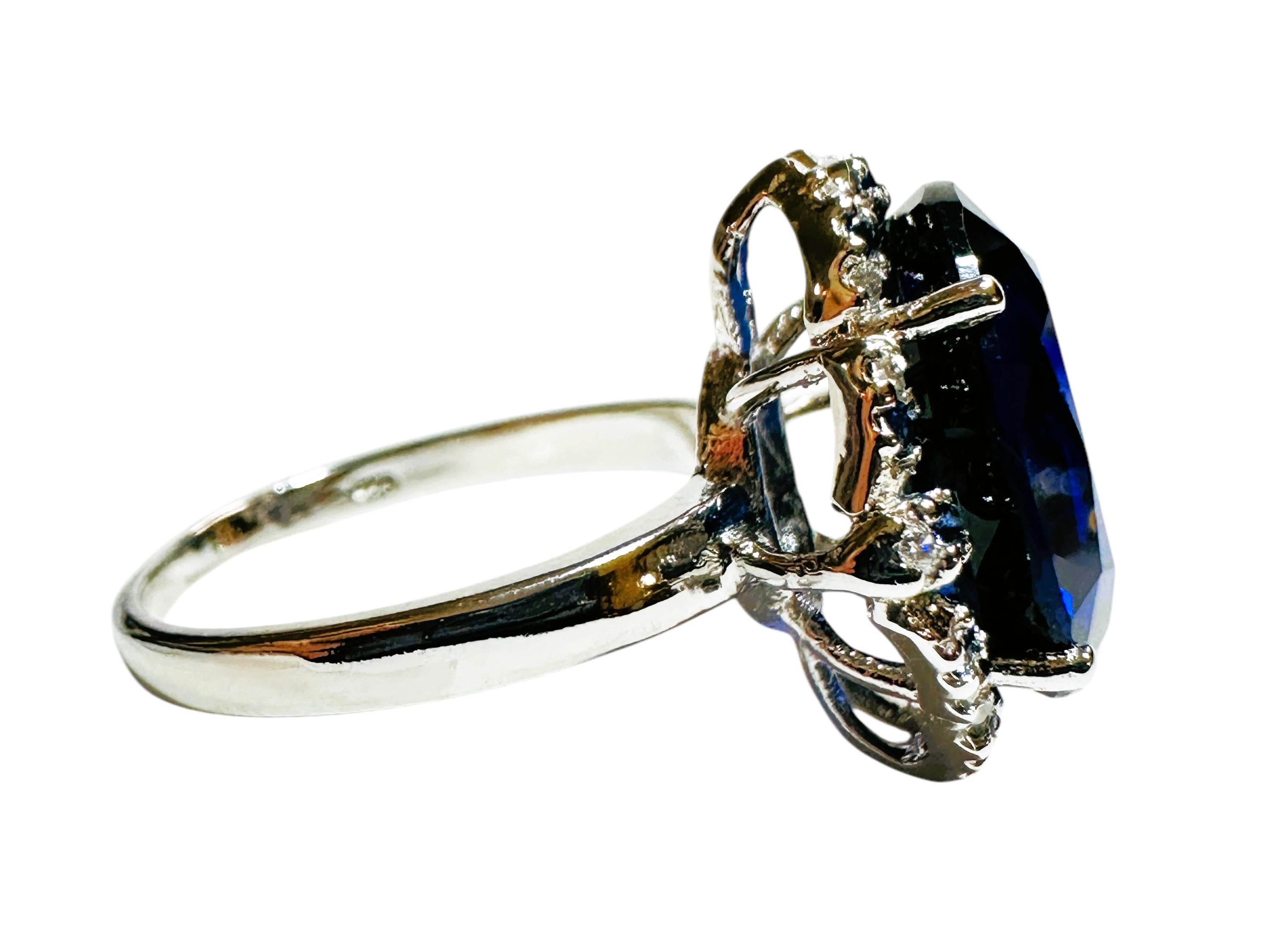 New 7.78 Carat Deep Blue Sapphire & Diamond Cut Sapphire Sterling Silver Ring In New Condition In Eagan, MN