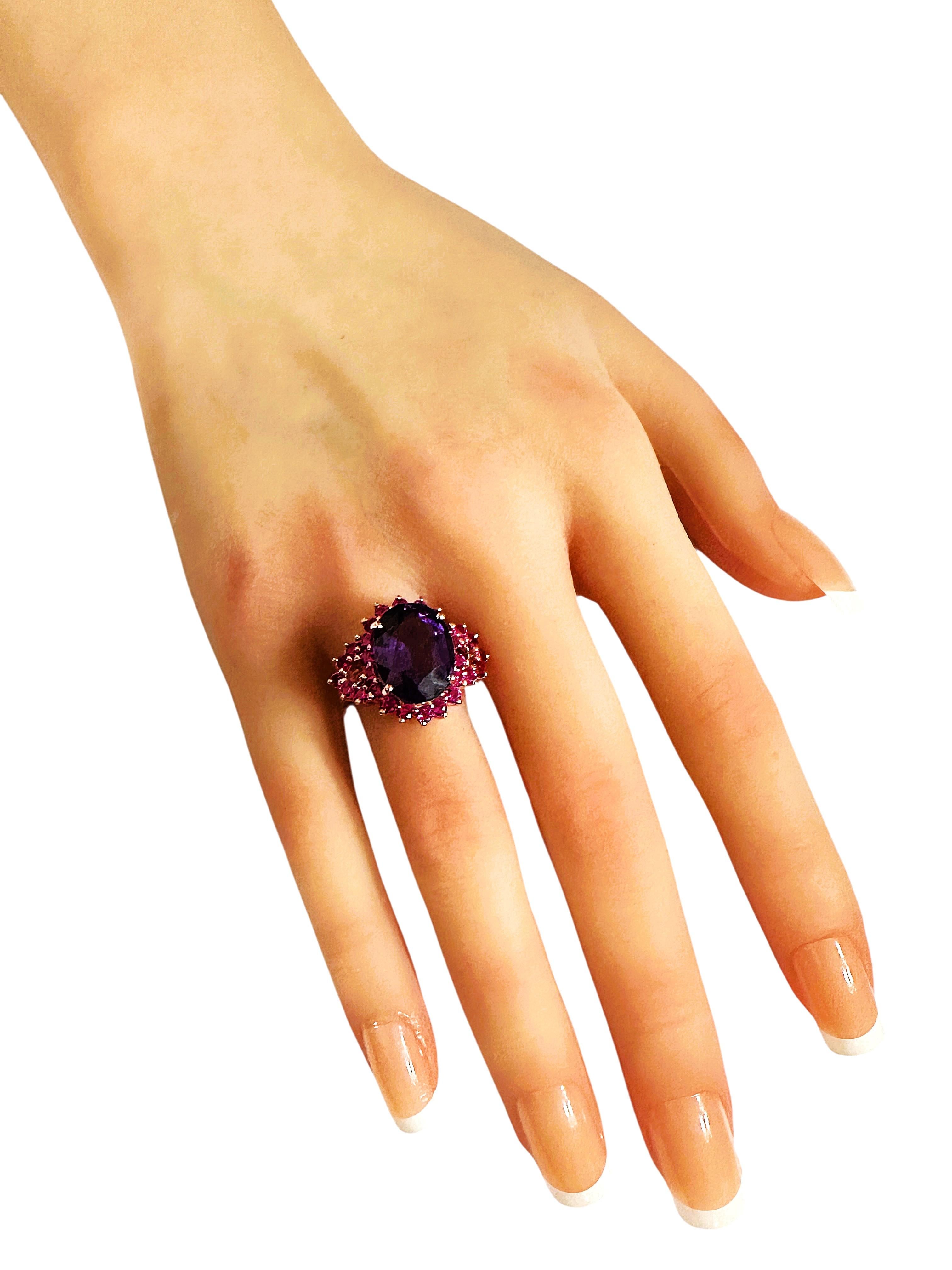 New 7.8 Carat Amethyst & Diamond Cut Sapphire Rose Gold PL Sterling Ring 1